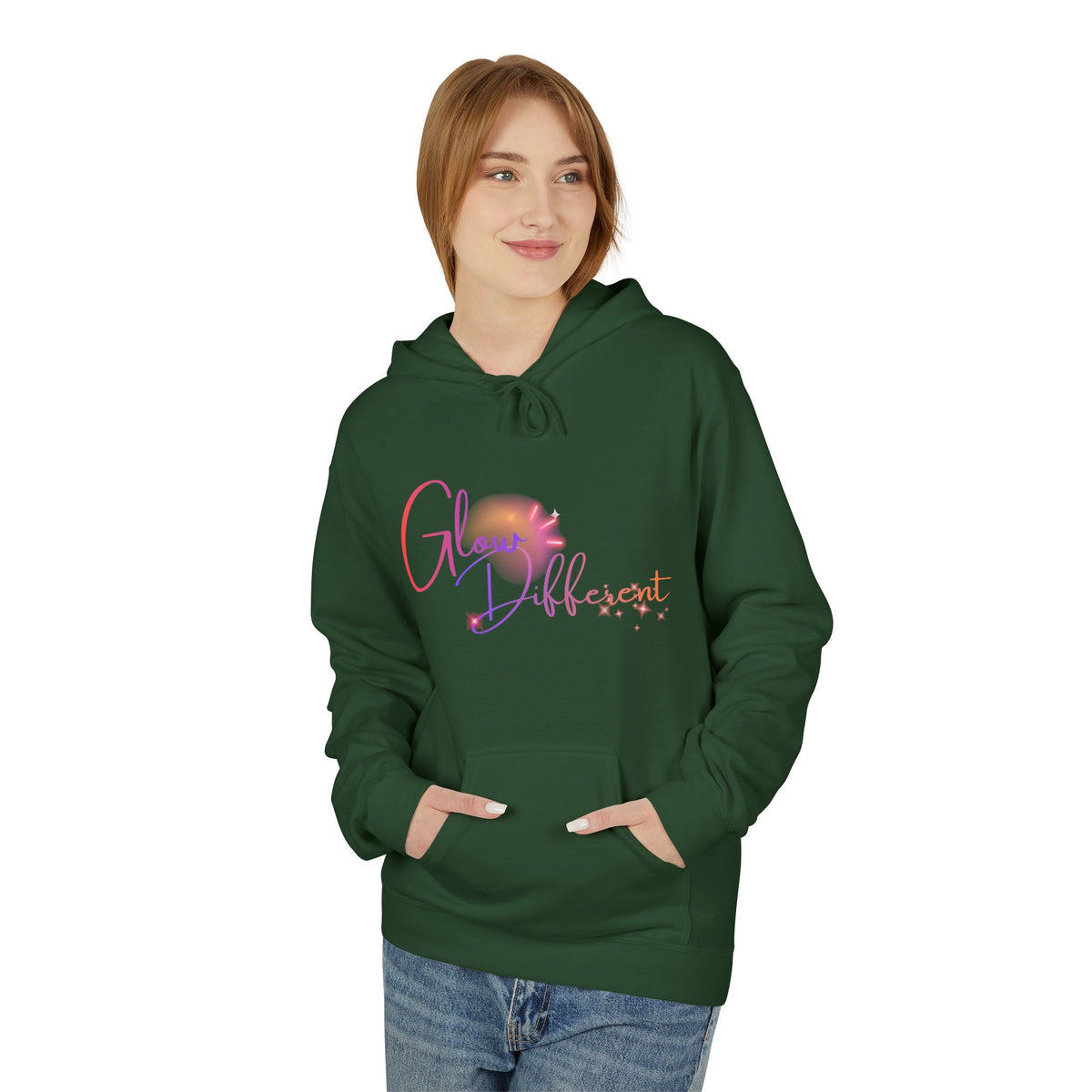 Glow Different Hoodie — Pastel Brush Script Inspirational Pullover