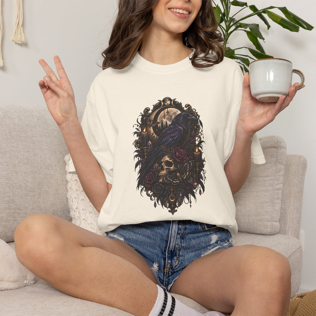 Skull & Crow Graphic Tee — Gothic Vintage Skull with Raven Design