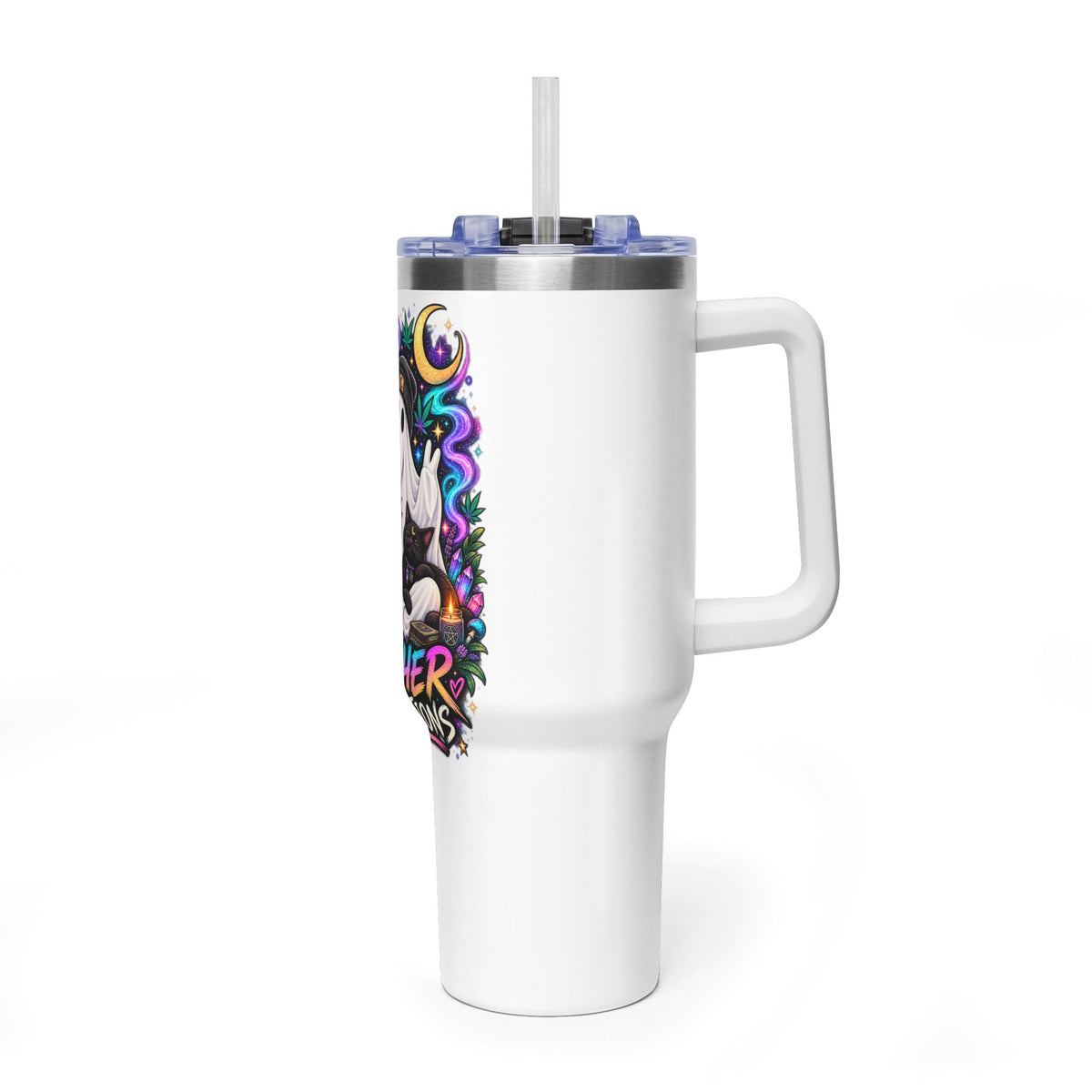 40oz Tumbler — "Higher Vibrations" Ghost & Cat Thermal Travel Mug