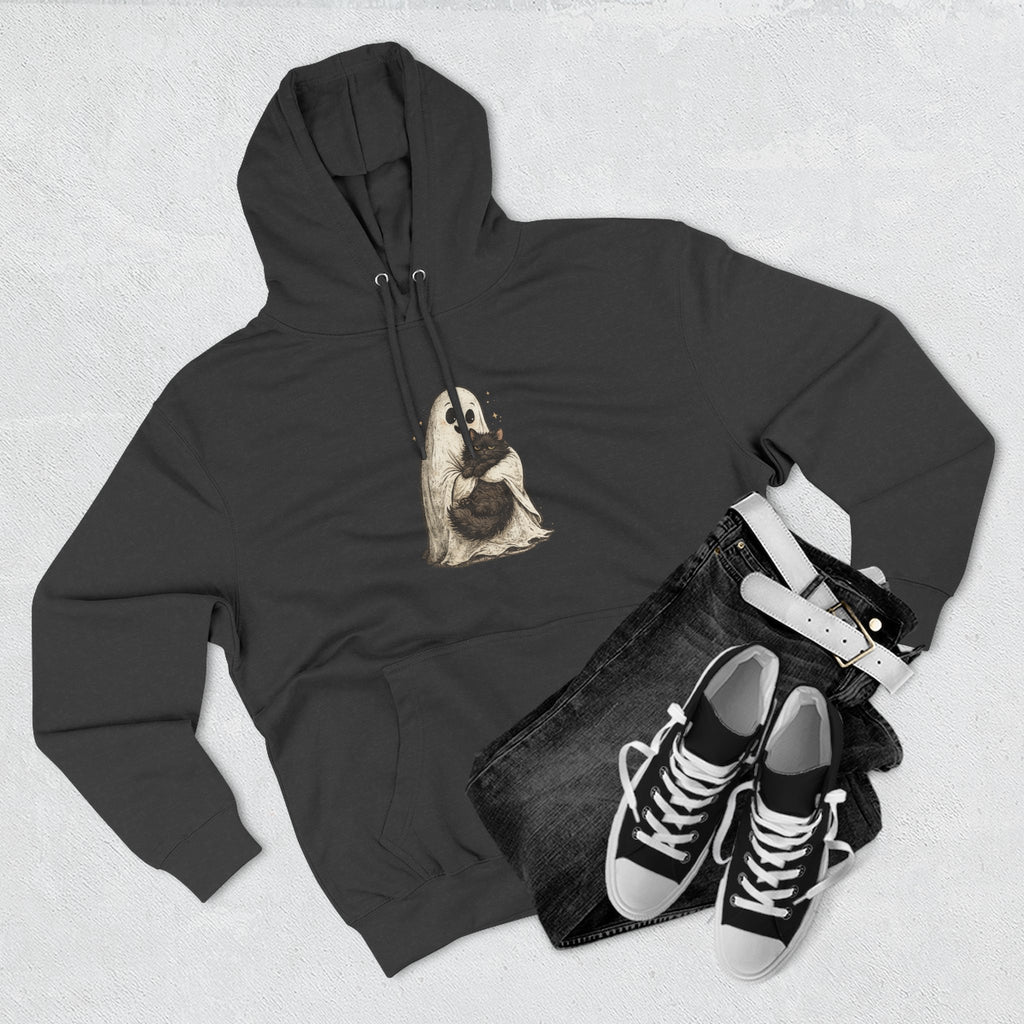 Boo & Meow Ghost Hugging Black Cat hoodie | Cute Spooky Tee Fleece Pullover