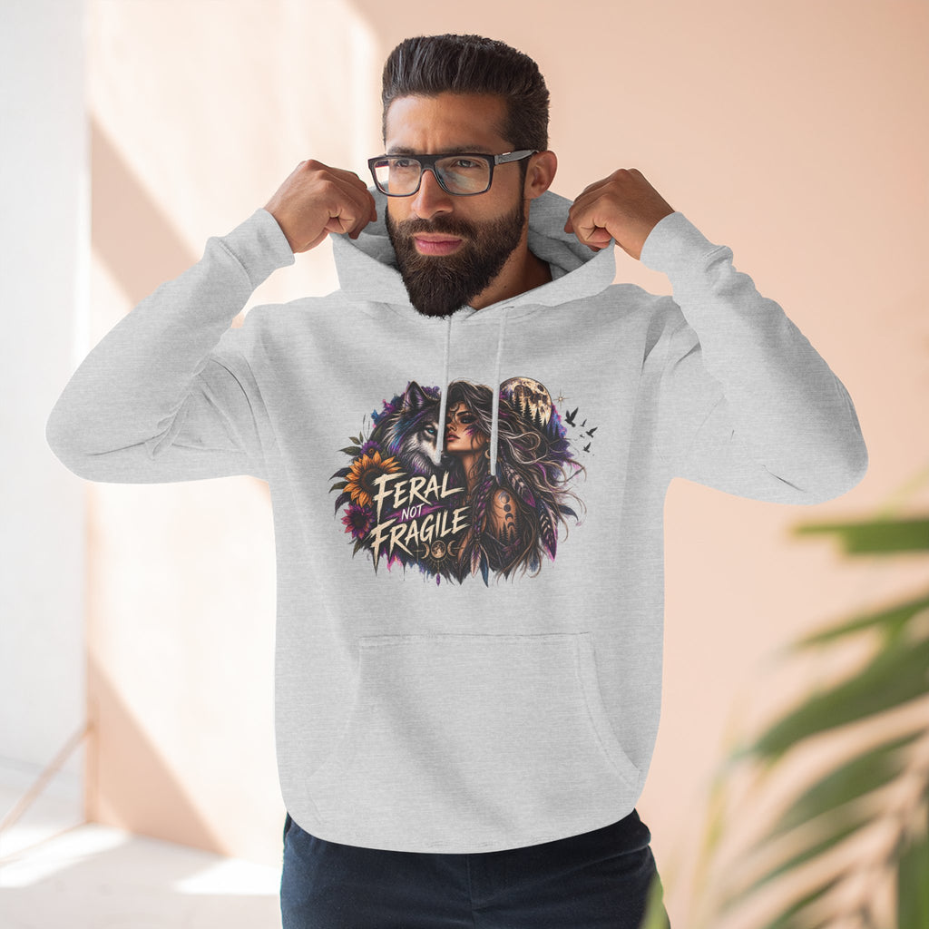 Feral Not Fragile Wolf & Woman Graphic Hoodie — Wildlife Fleece Pullover