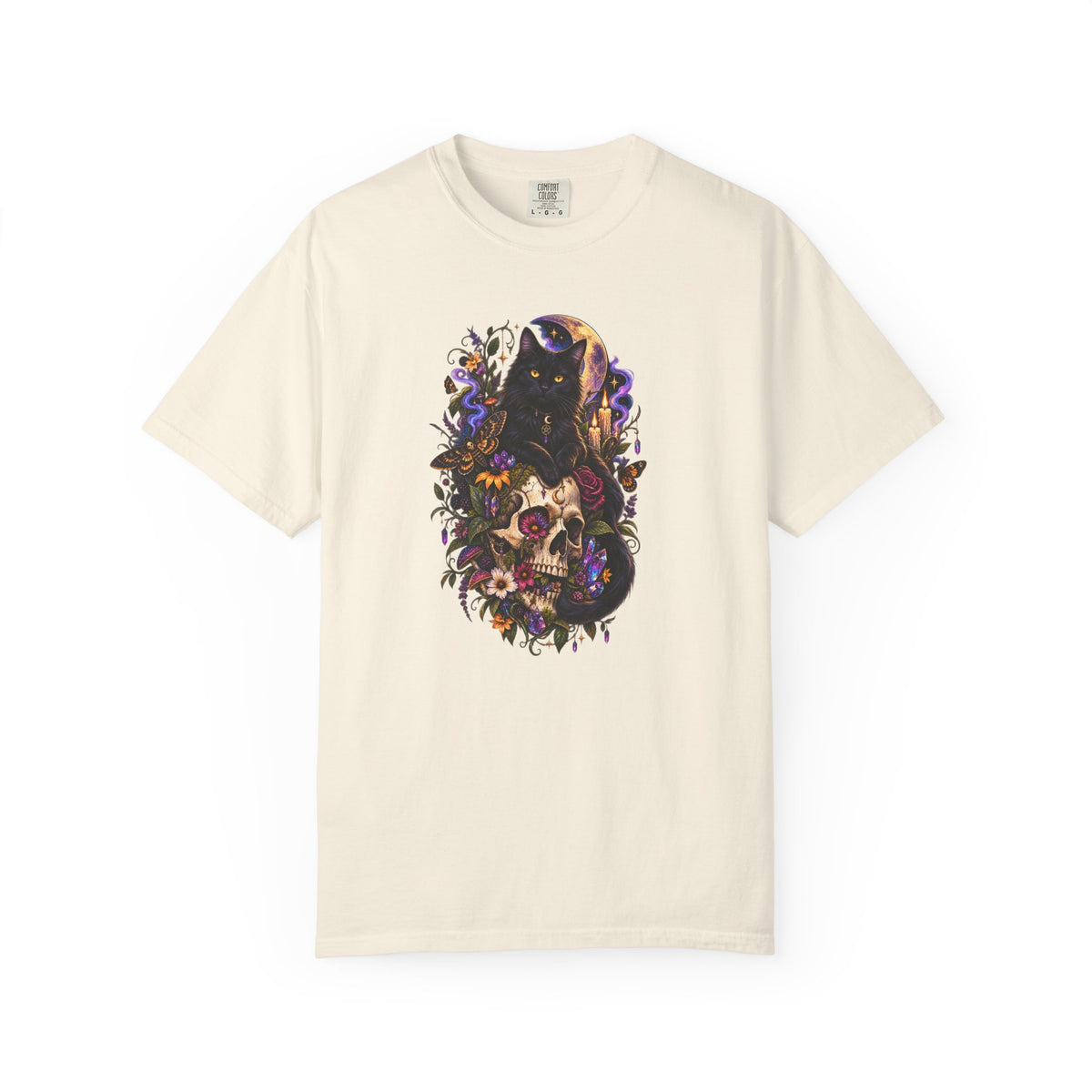 Skull & Black Cat Gothic T-Shirt — Dark Floral Day of the Dead Style