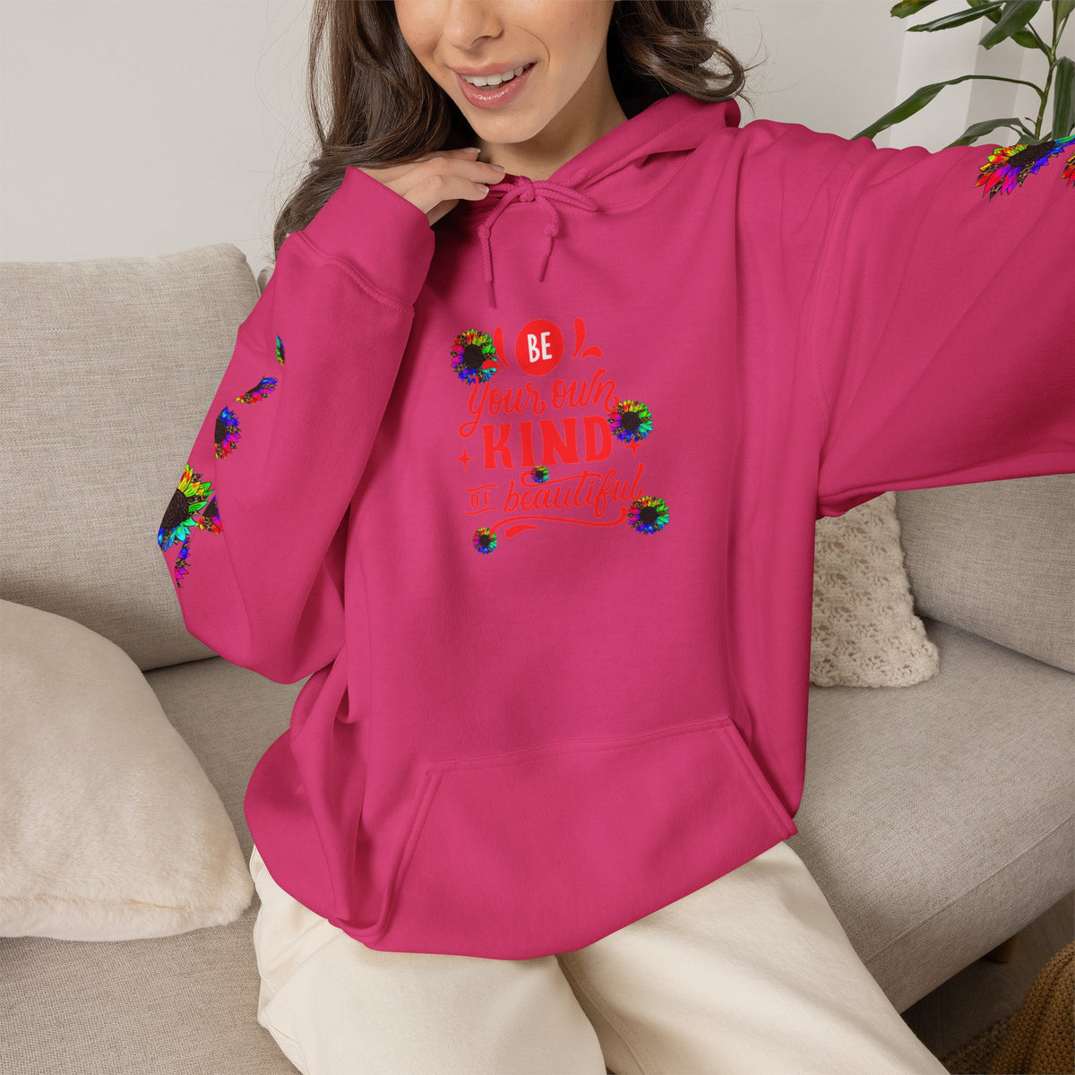 Inspirational Floral Hoodie – "Your Smile is Kind & Beautiful" Rainbow Sunflower Cozy Pullover