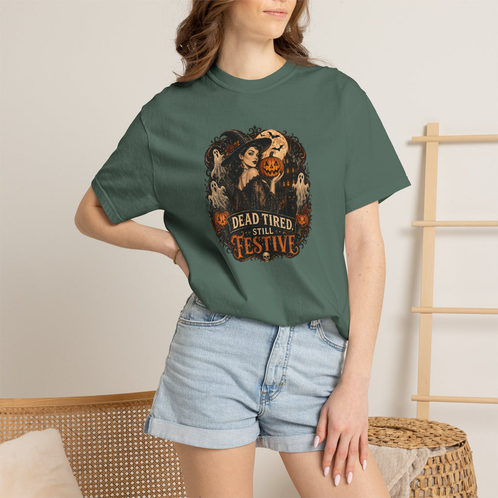 Halloween Graphic T-Shirt — "Dead Tired but Festive" Vintage Horror Pumpkin Tee