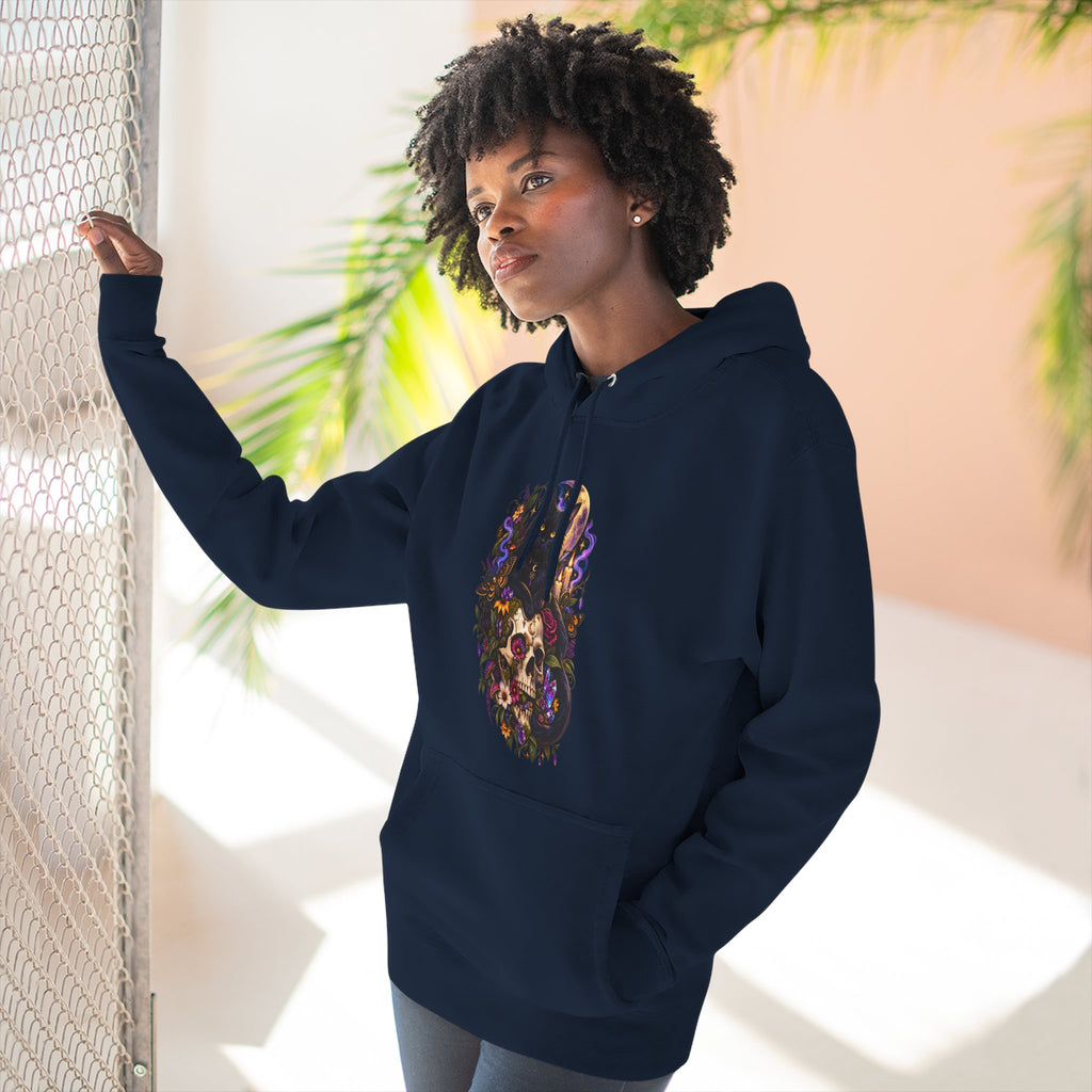 Skull Black Cat Hoodie — Romantic Gothic Floral Skull Graphic Fleece Pullover