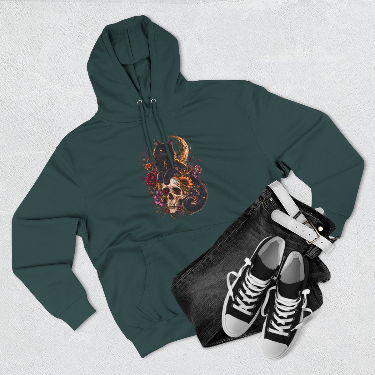Skull & Cat Hoodie — Romantic Gothic Celestial Moon Graphic Fleece Pullover