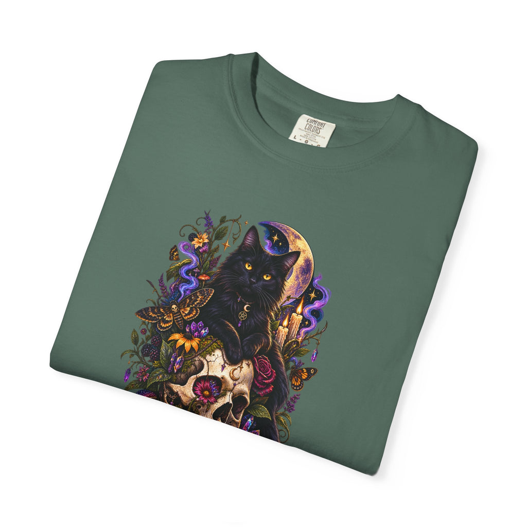 Skull & Black Cat Gothic T-Shirt — Dark Floral Day of the Dead Style