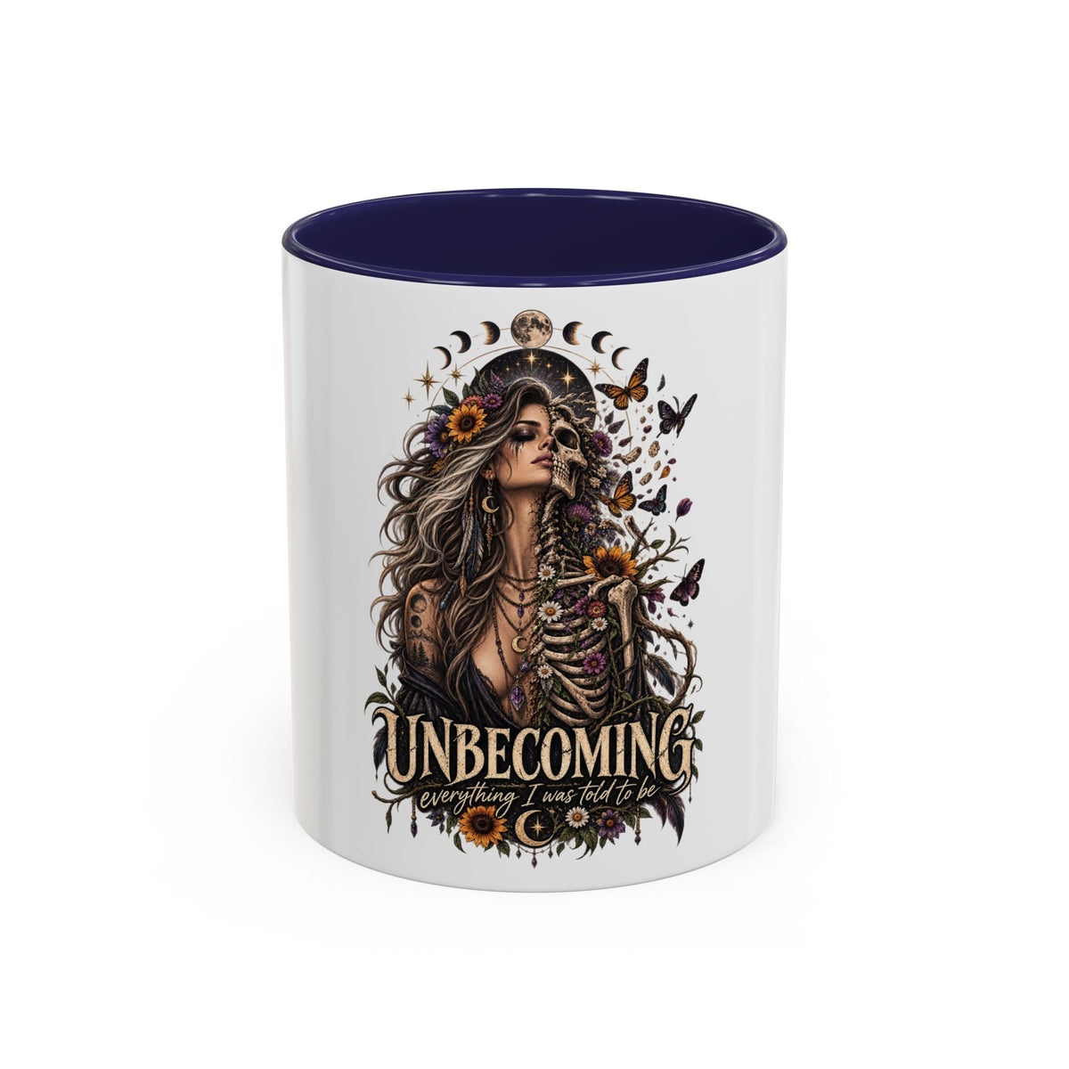 Unbecoming Empowerment Coffee Mug — Sunflowers Woman Skeleton & Moon Phases 11/15oz Accent Mug