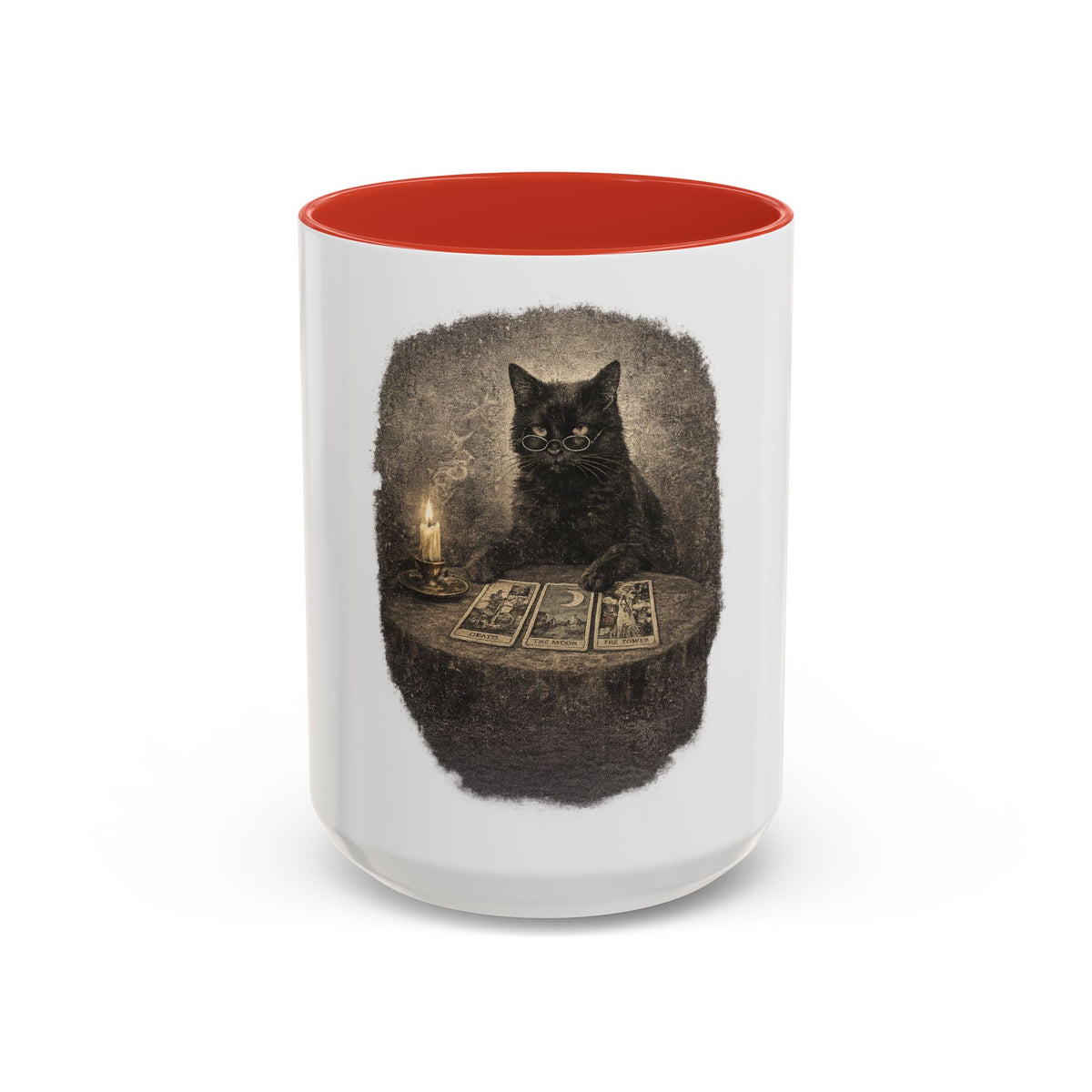 Tarot Cat Accent Coffee Mug — Witchy Black Cat with Tarot Cards