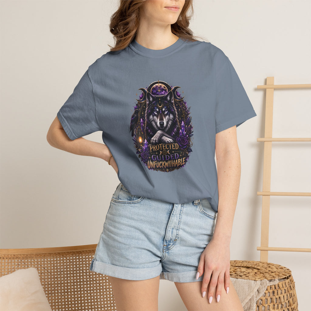 Protector Wolf T-Shirt — "Protected, Guided, Unfuckwithable" Spiritual Graphic Tee