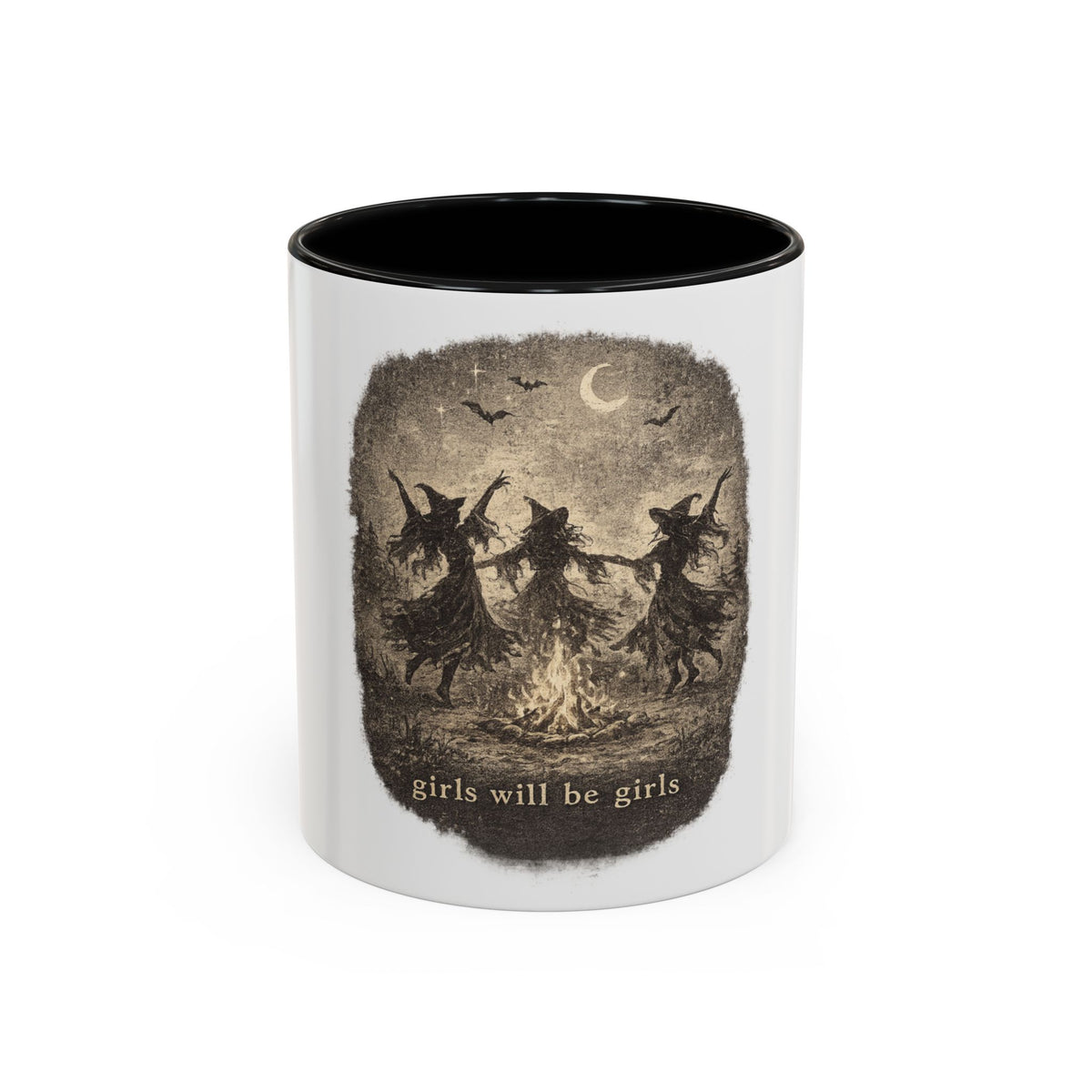 Witch Circle Coffee Mug — "Girls Will Be Girls" Vintage Halloween Accent Mug