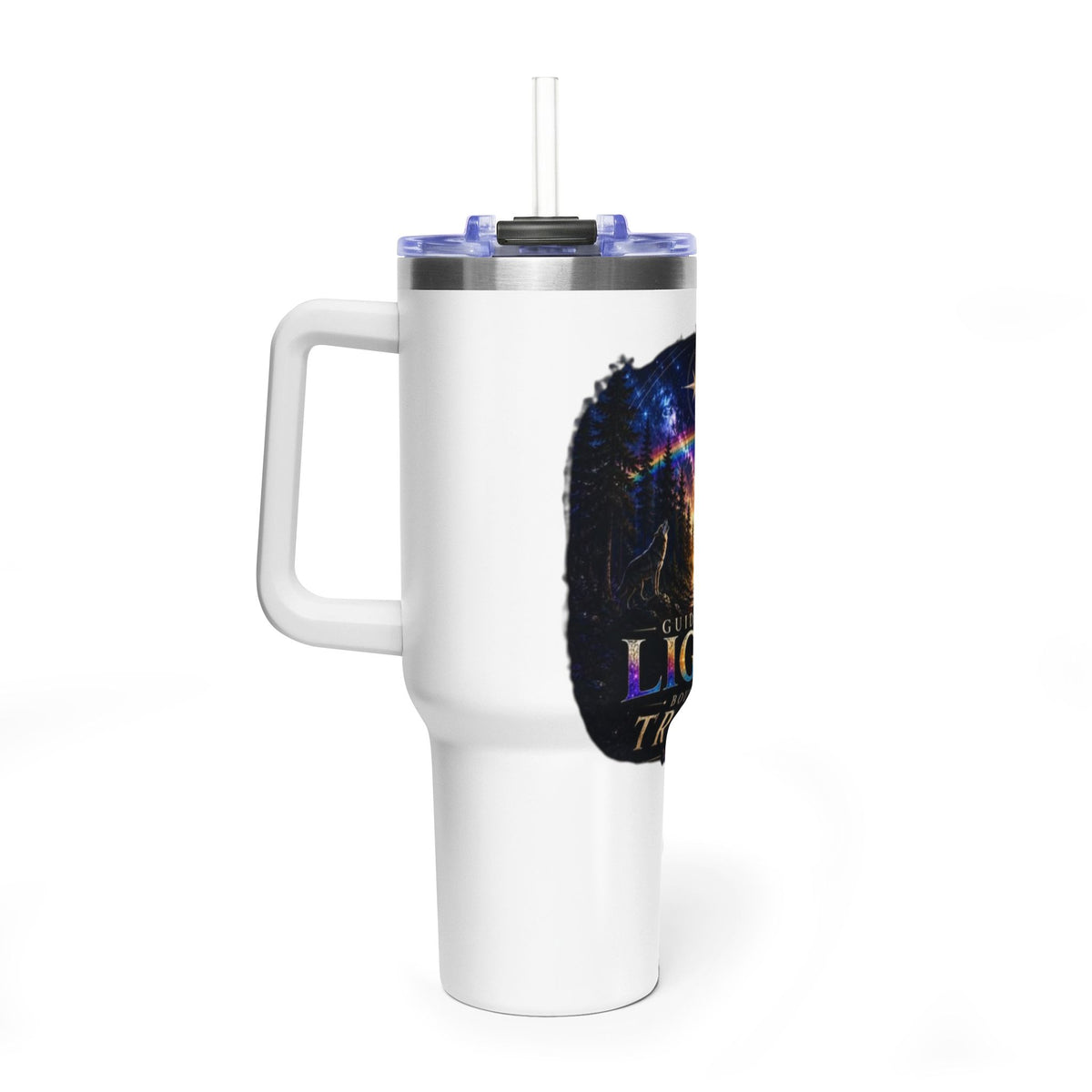 40oz Guided by Light Thermal Tumbler — Inspirational Travel Mug with Cosmic Forest Design