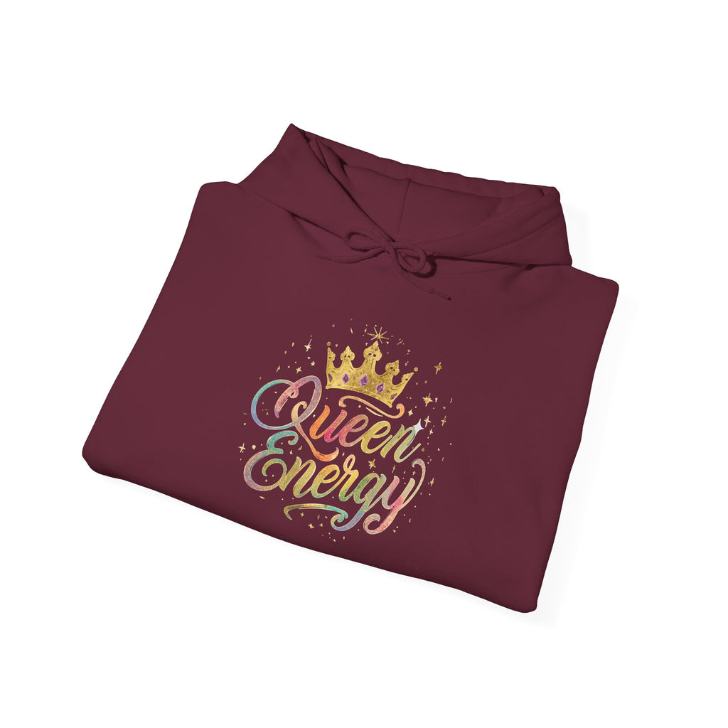 Queen Energy Hoodie — Feminine Crown Graphic Pullover with Star Sleeve Accents