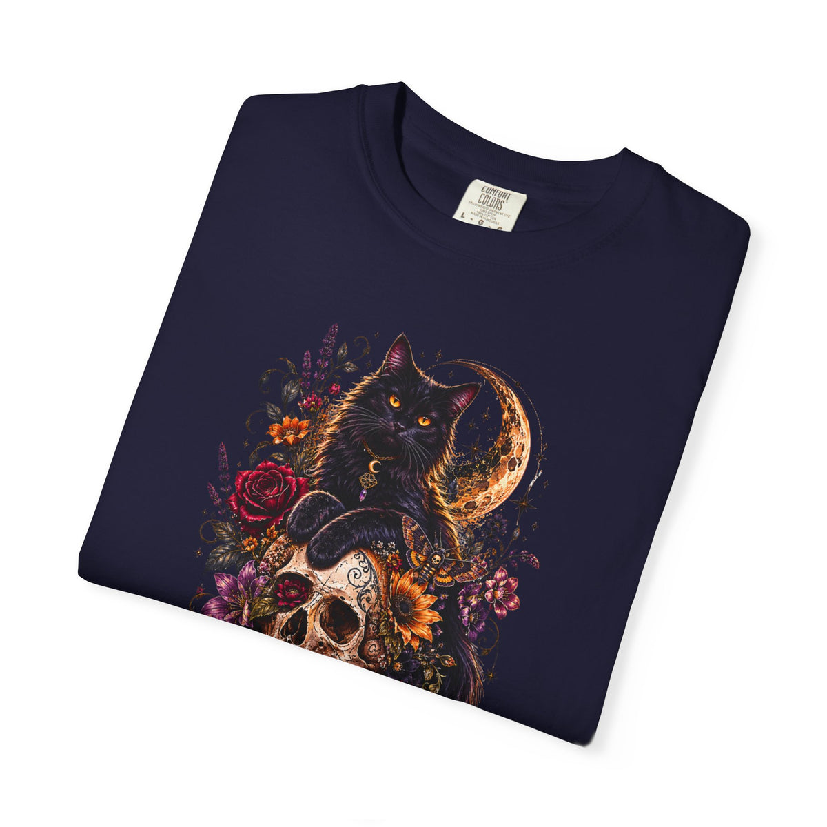 Cat & Skull Gothic T-Shirt — Black Cat Moon Floral Graphic Tee