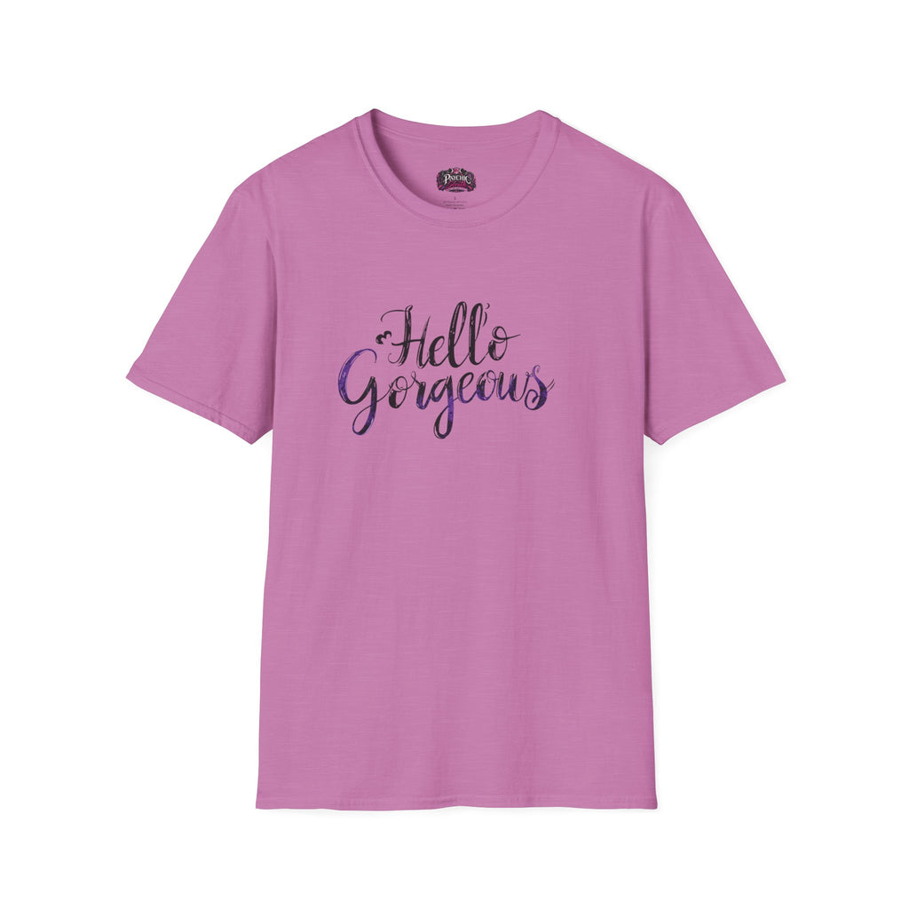 T-Shirt — "Hello Gorgeous" Purple Black Script Graphic Tee