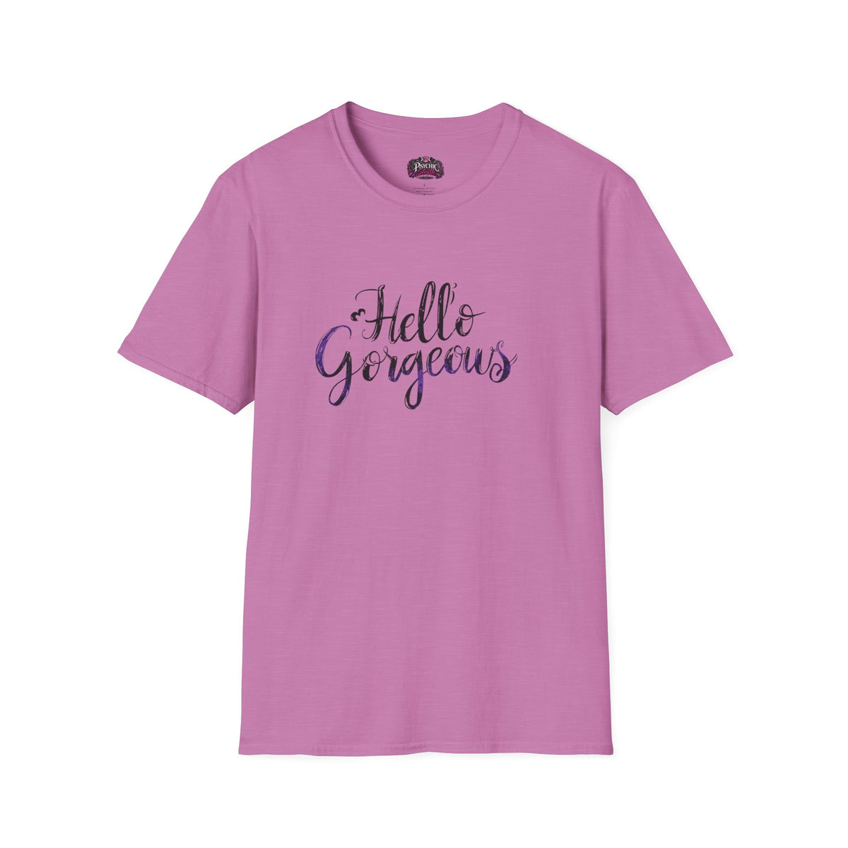T-Shirt — "Hello Gorgeous" Purple Black Script Graphic Tee