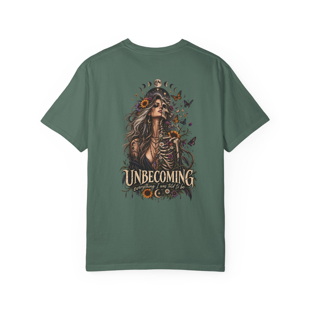 Unbecoming Gothic Moon T‑Shirt — Witchy Skeleton Art Tee