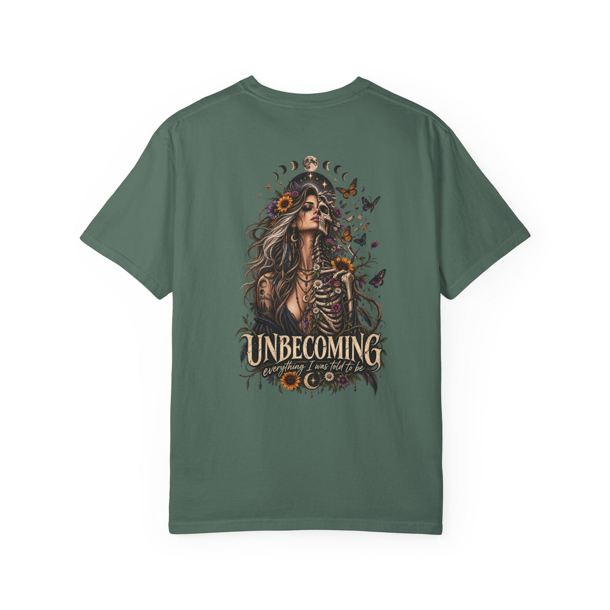 Unbecoming Gothic Moon T‑Shirt — Witchy Skeleton Art Tee