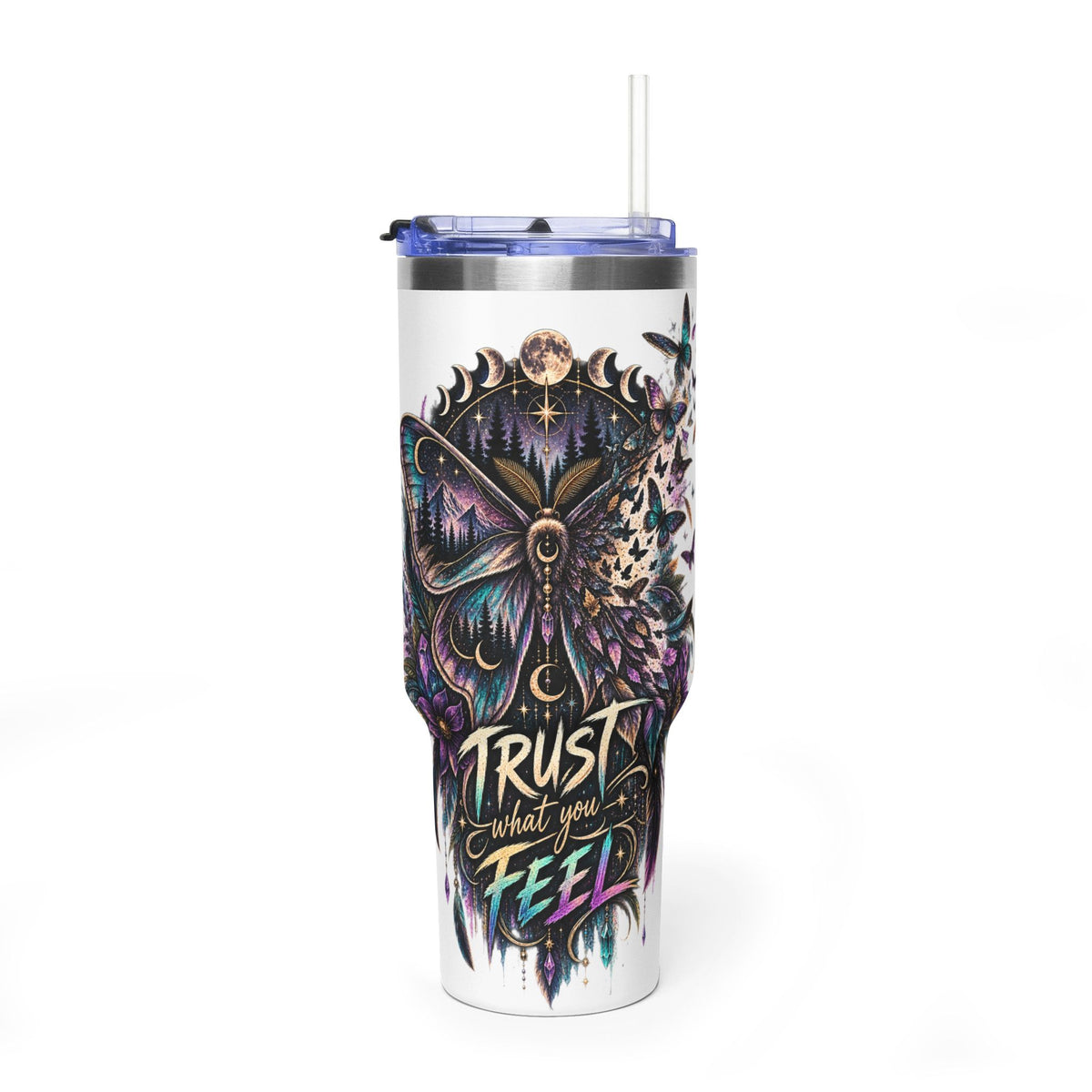 40oz Vacuum Tumbler — 'Trust What You Feel' Moth Nightscape Insulated Cup