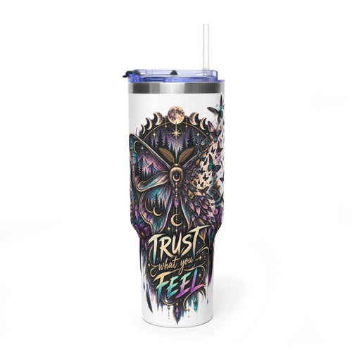 40oz Vacuum Tumbler — 'Trust What You Feel' Moth Nightscape Insulated Cup