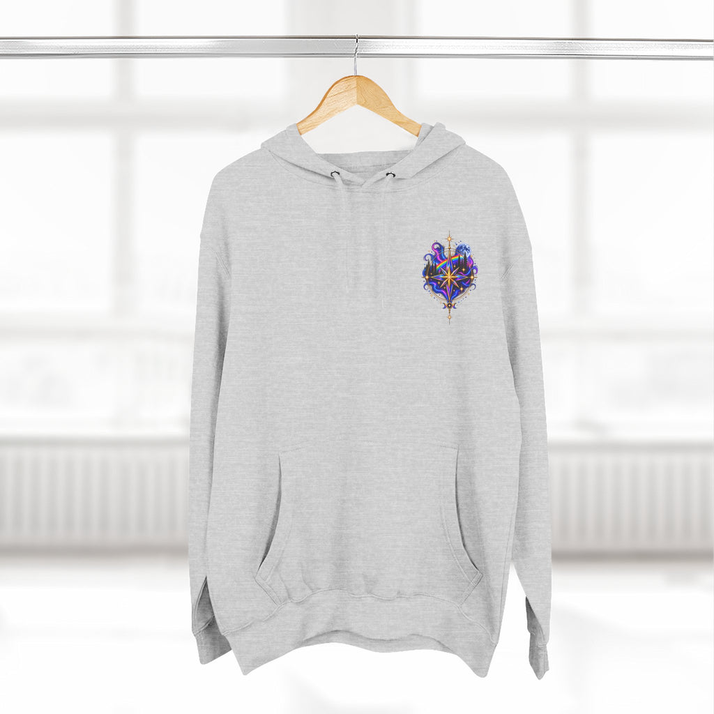 Guided by Light Bound toTruth Fleece Hoodie — Spiritual Galaxy Chest Emblem & Backscape Design