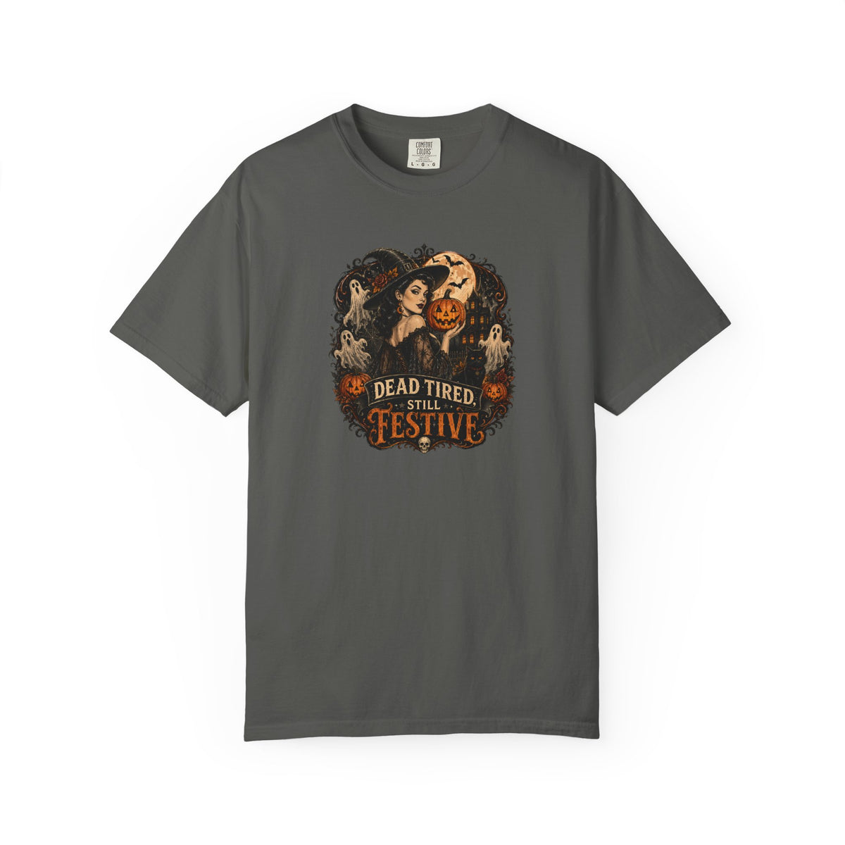 Halloween Graphic T-Shirt — "Dead Tired but Festive" Vintage Horror Pumpkin Tee