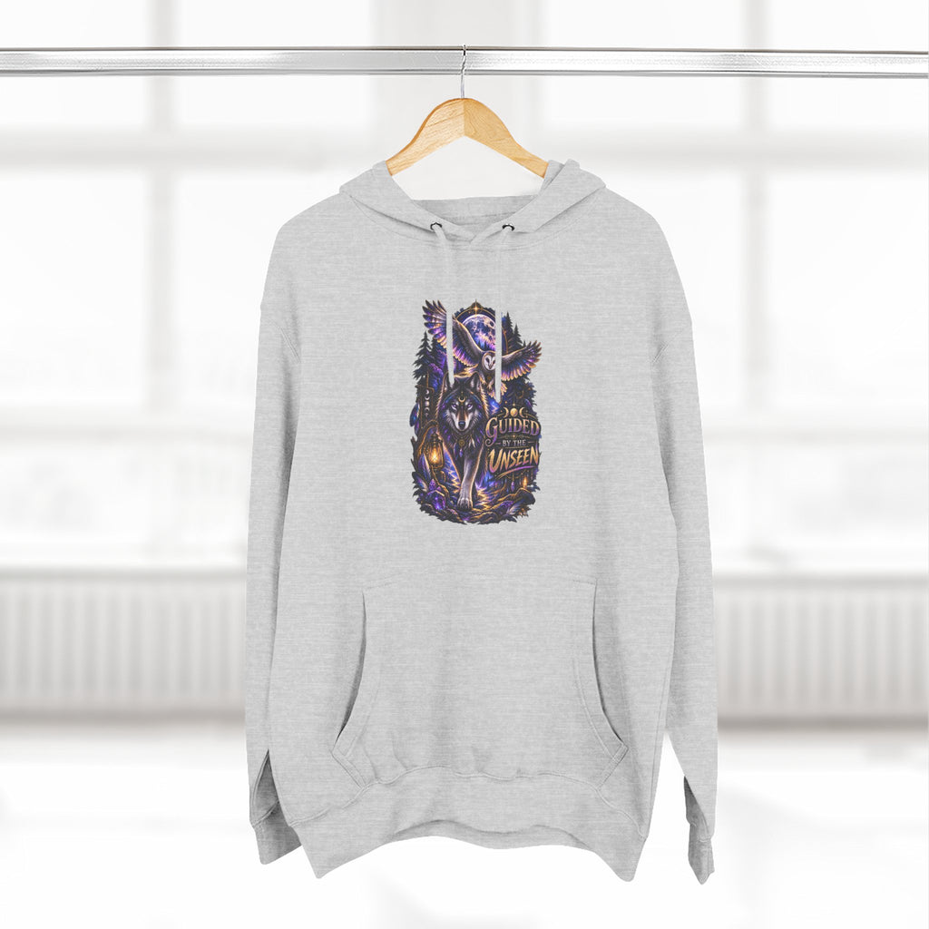 Witchy Owl and Wolf Fleece Hoodie - Mystical Night Forest Graphic- Guided by the Unseen