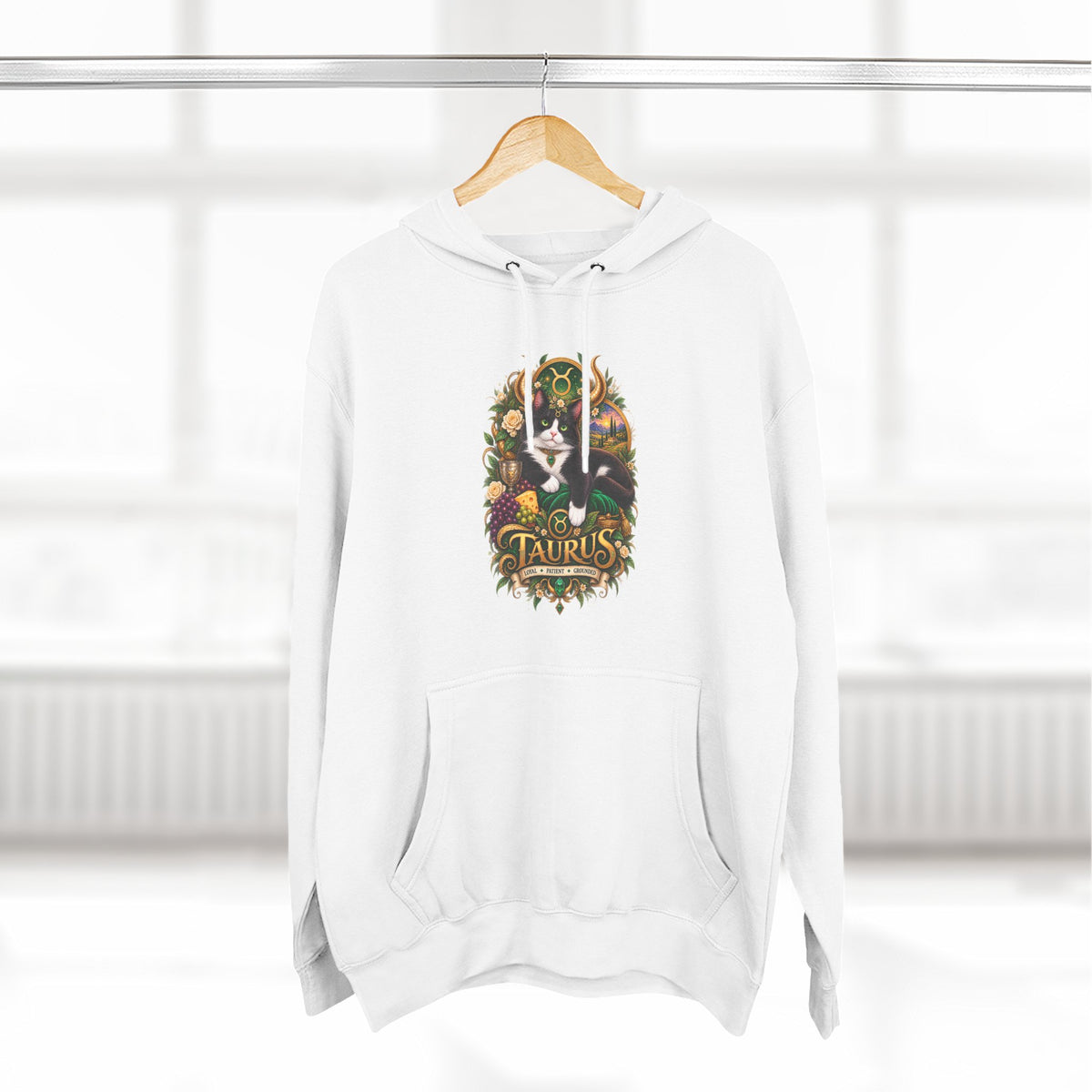 Taurus Tuxedo Cat Zodiac Hoodie — Earthy Bull Constellation Graphic Fleece Pullover