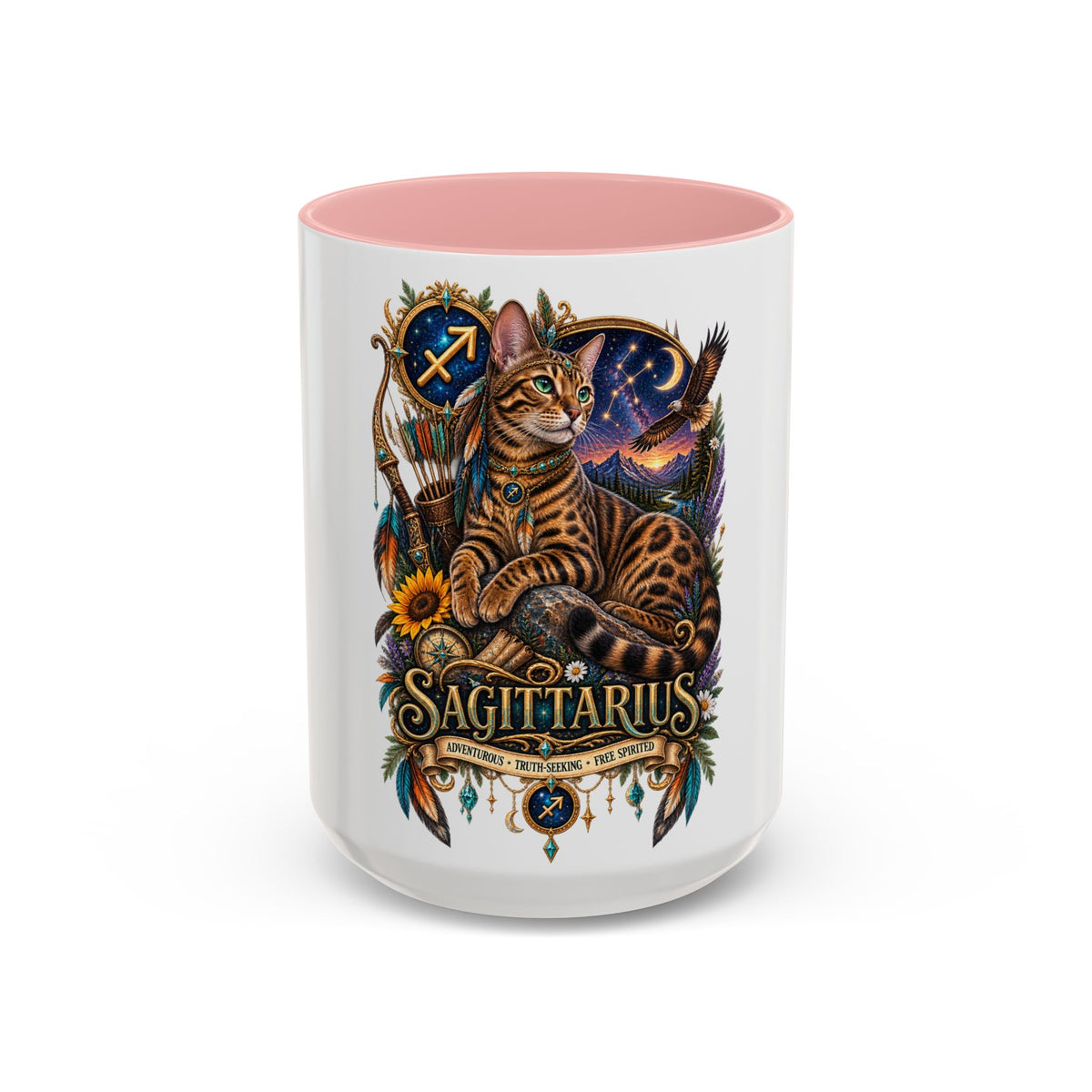 Sagittarius Bengal Cat Zodiac Coffee Mug — Cat Archer Astrology Accent Mug (11/15oz)