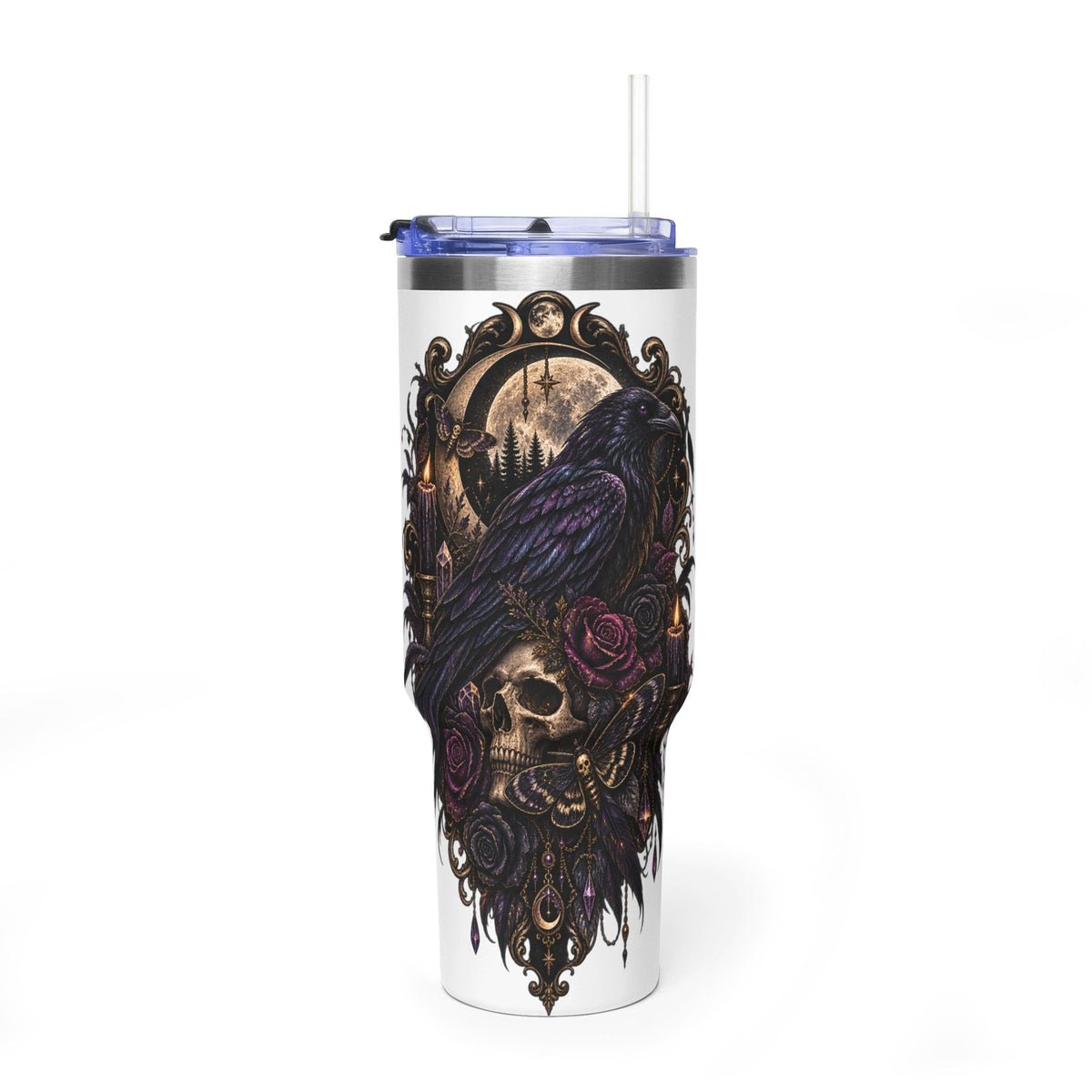 40oz Raven Skull Tumbler – Gothic Floral Vacuum Insulated Travel Mug