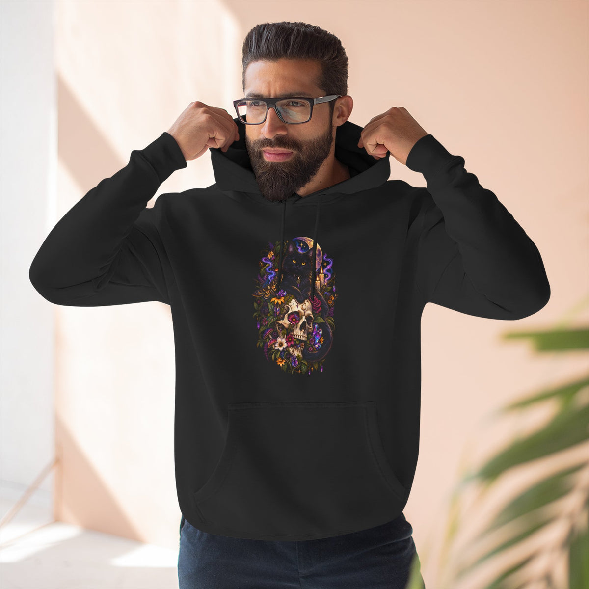Skull Black Cat Hoodie — Romantic Gothic Floral Skull Graphic Fleece Pullover