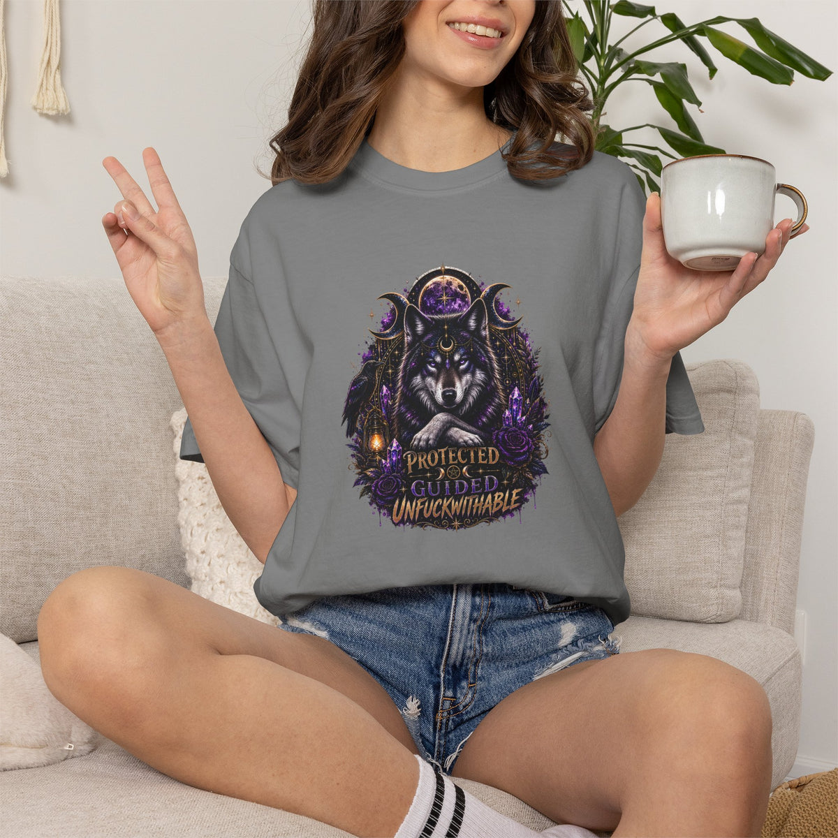 Protector Wolf T-Shirt — "Protected, Guided, Unfuckwithable" Spiritual Graphic Tee