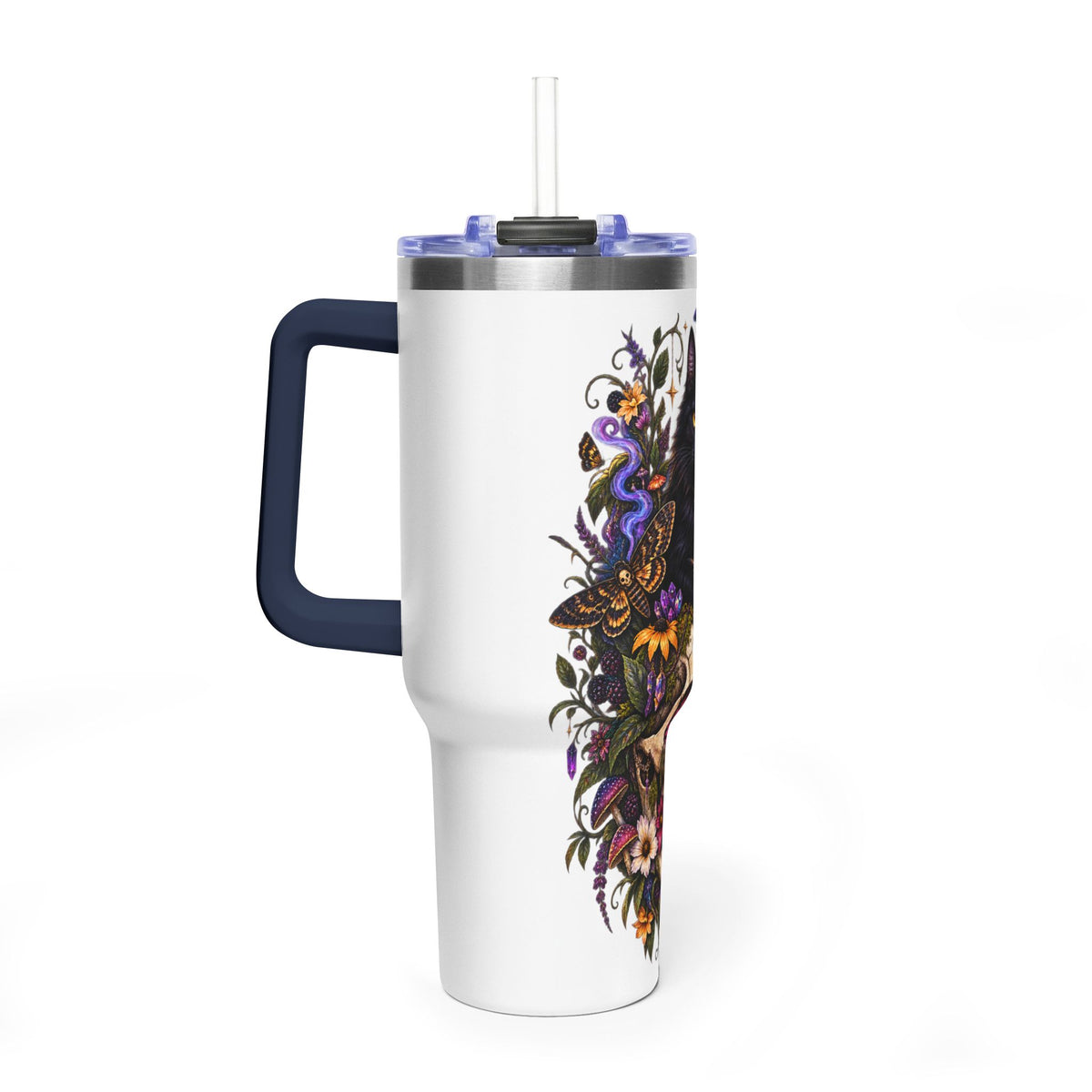 40oz Cat & Skull Thermal Tumbler – Gothic Floral Insulated Travel Mug