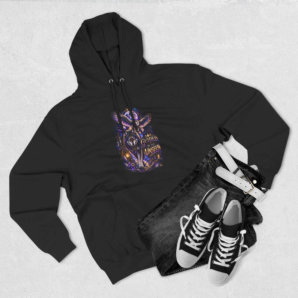 Witchy Owl and Wolf Fleece Hoodie - Mystical Night Forest Graphic- Guided by the Unseen