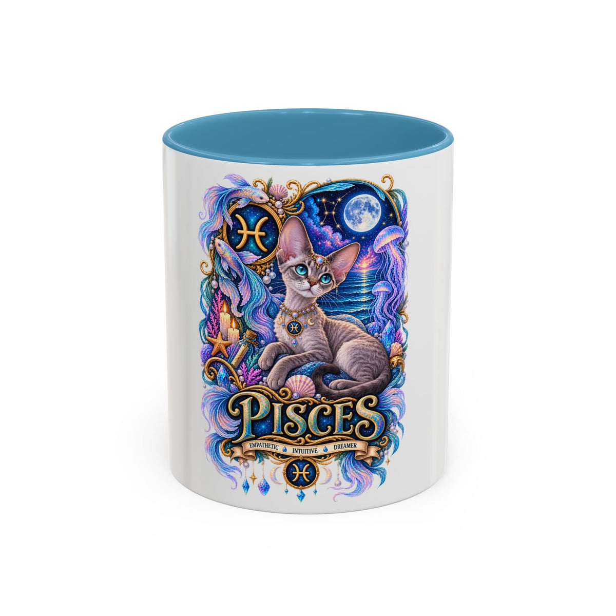 Pisces Devon Rex Cat Accent Coffee Mug — Zodiac Astrology Ceramic Mug (11/15oz)