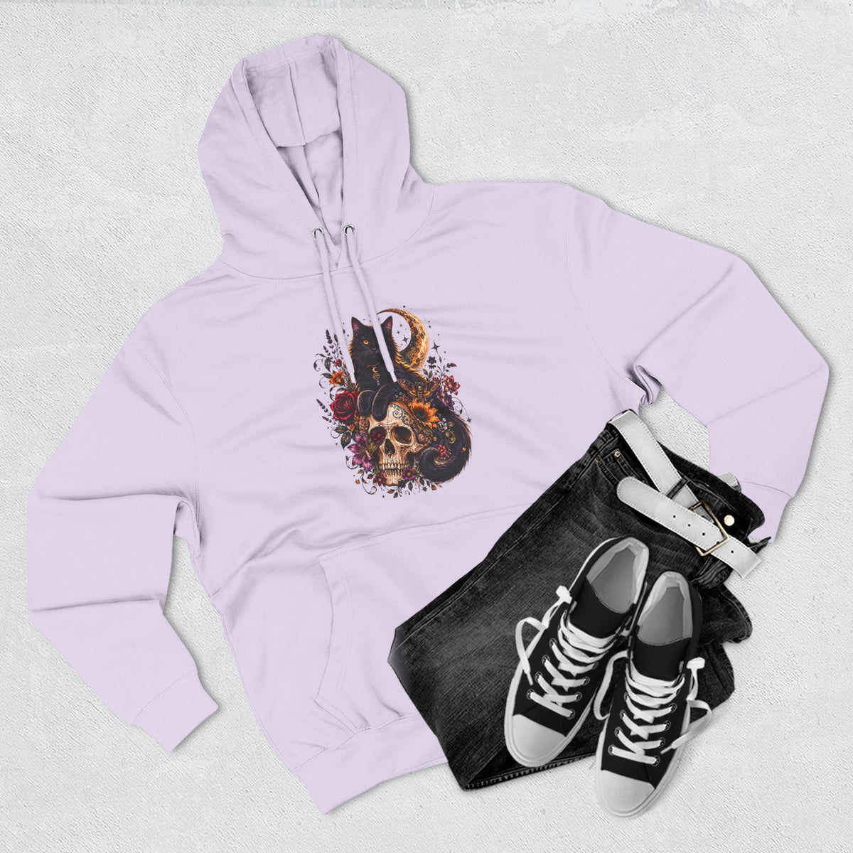 Skull & Cat Hoodie — Romantic Gothic Celestial Moon Graphic Fleece Pullover