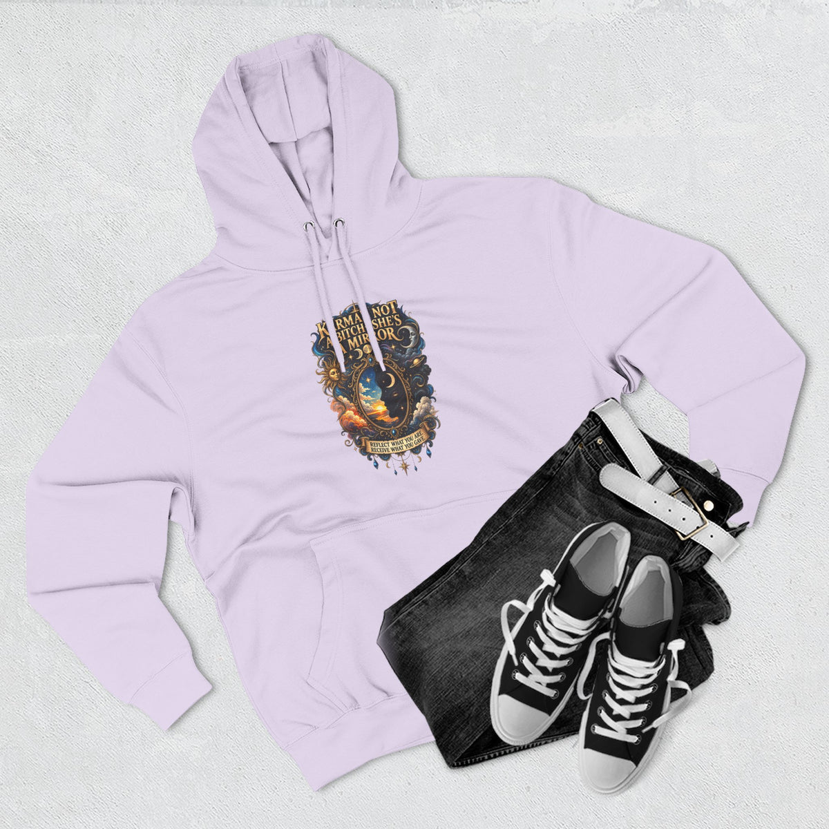 "Karma's not a Bitch she's a Mirror" Hoodie — Spiritual Boho Graphic Pullover
