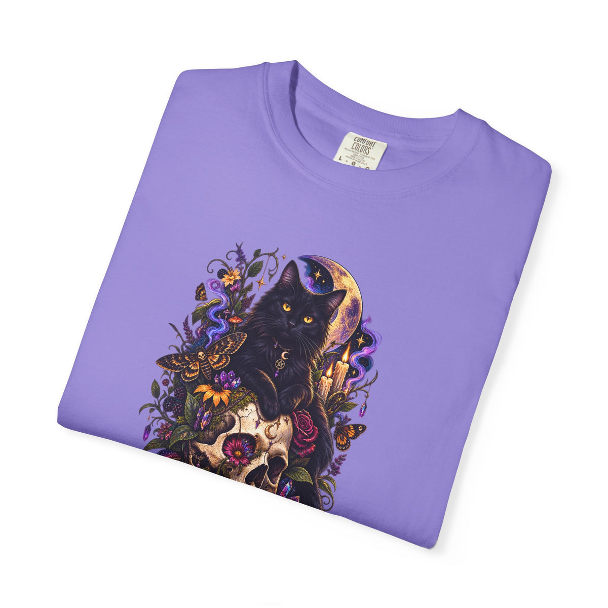 Skull & Black Cat Gothic T-Shirt — Dark Floral Day of the Dead Style