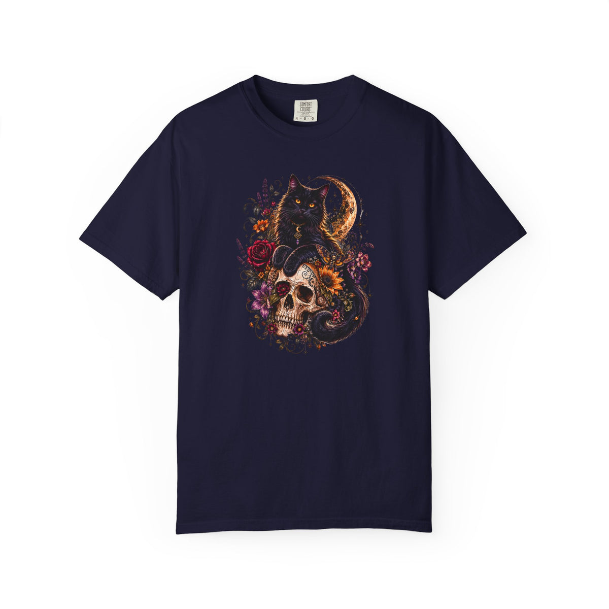 Cat & Skull Gothic T-Shirt — Black Cat Moon Floral Graphic Tee