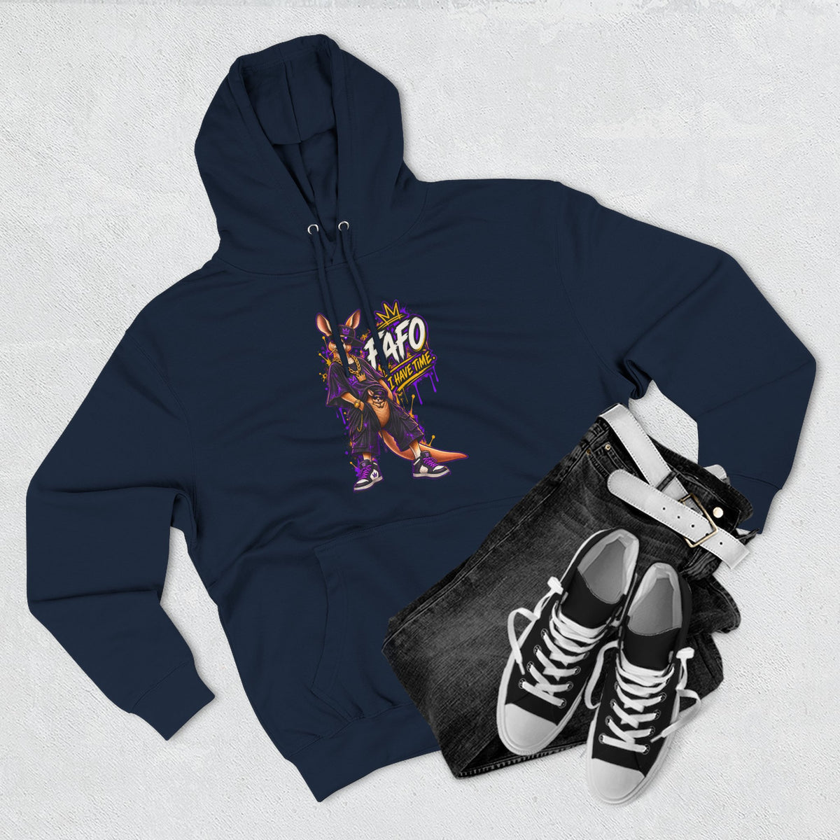Streetstyle Kangaroo Graphic Hoodie — "FAFO" Retro Character Pullover