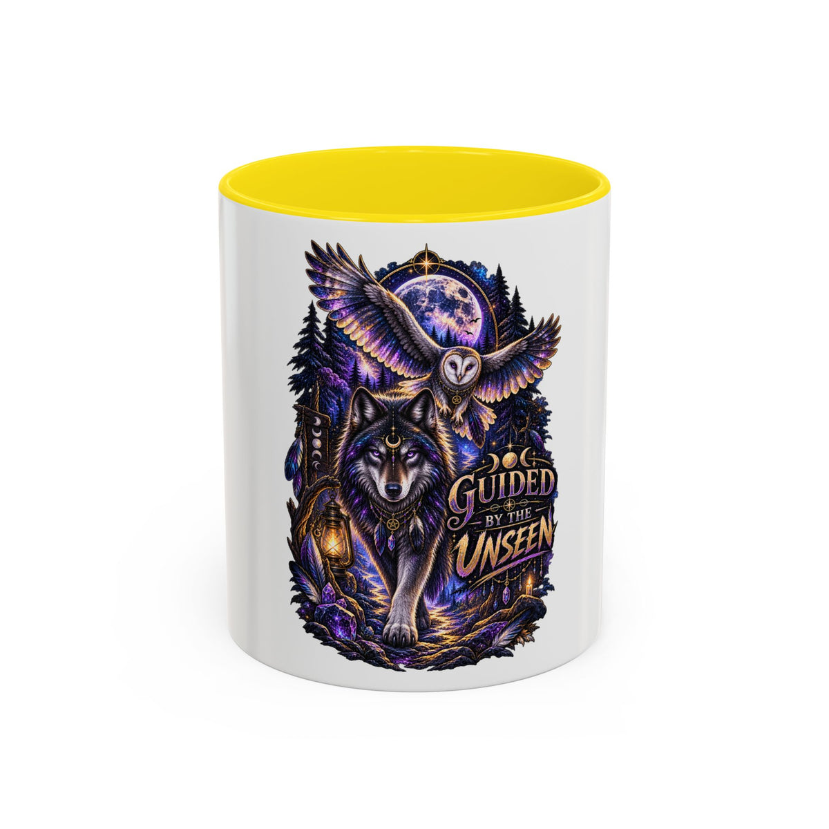 Guided by the Unseen Coffee Mug — Wolf & Owl Spirit Animal Accent Mug (11/15oz)