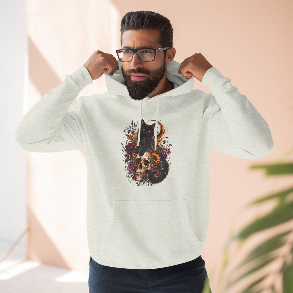 Skull & Cat Hoodie — Romantic Gothic Celestial Moon Graphic Fleece Pullover