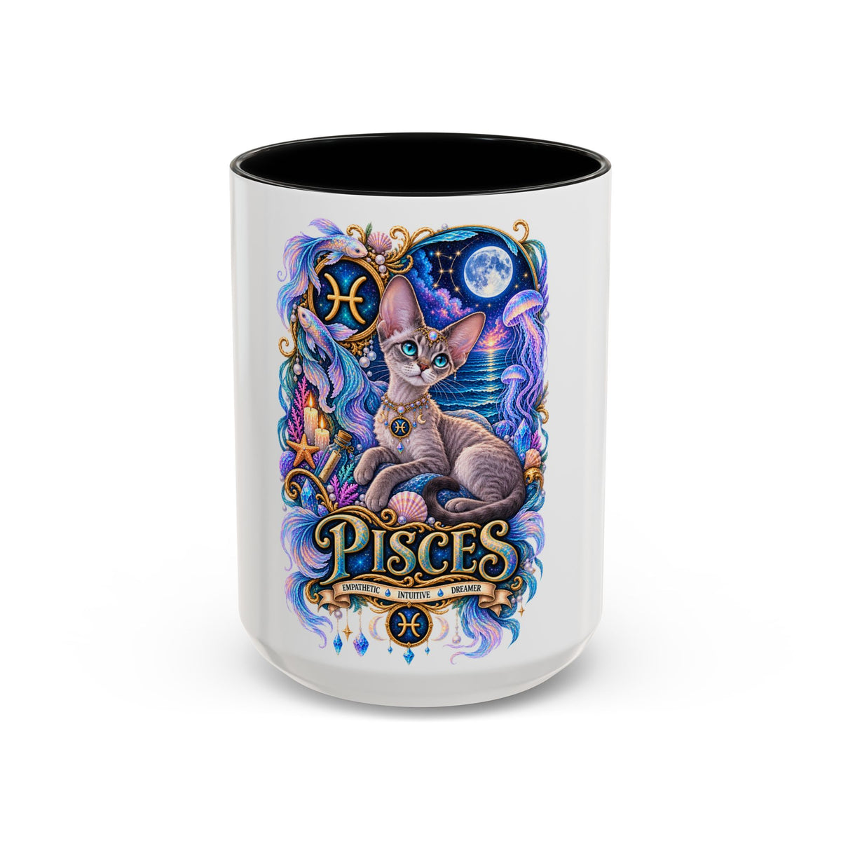 Pisces Devon Rex Cat Accent Coffee Mug — Zodiac Astrology Ceramic Mug (11/15oz)