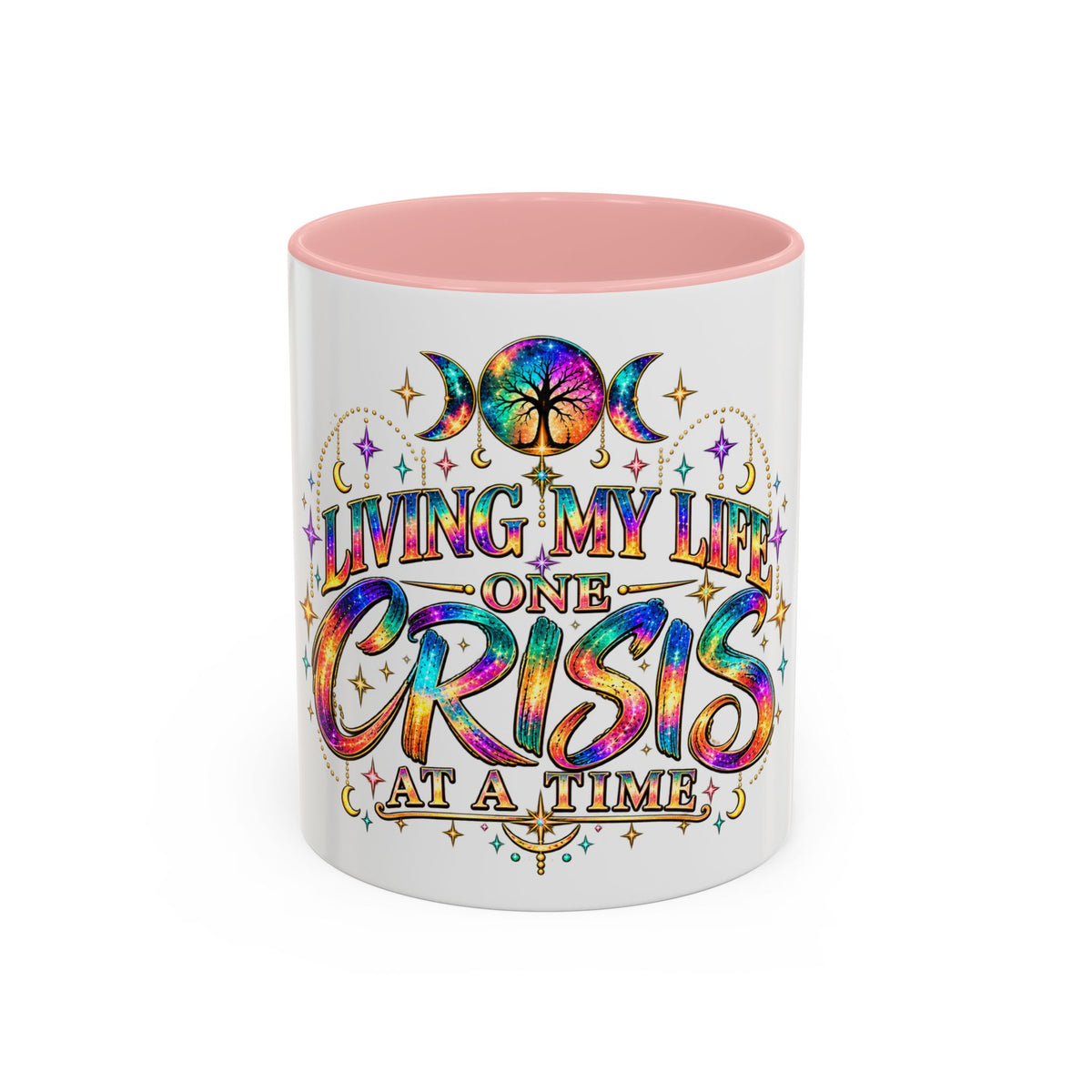 Coffee Mug — "Living My Life One Crisis at a Time" Colorful Boho Accent Mug (11/15oz)