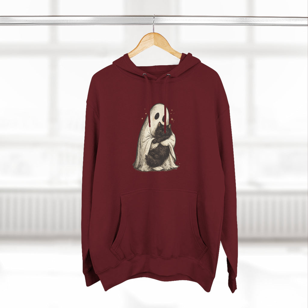 Ghost Hugging Black Cat Fleece Hoodie — Cute Ghost Hugging Black Cat Cozy Pullover