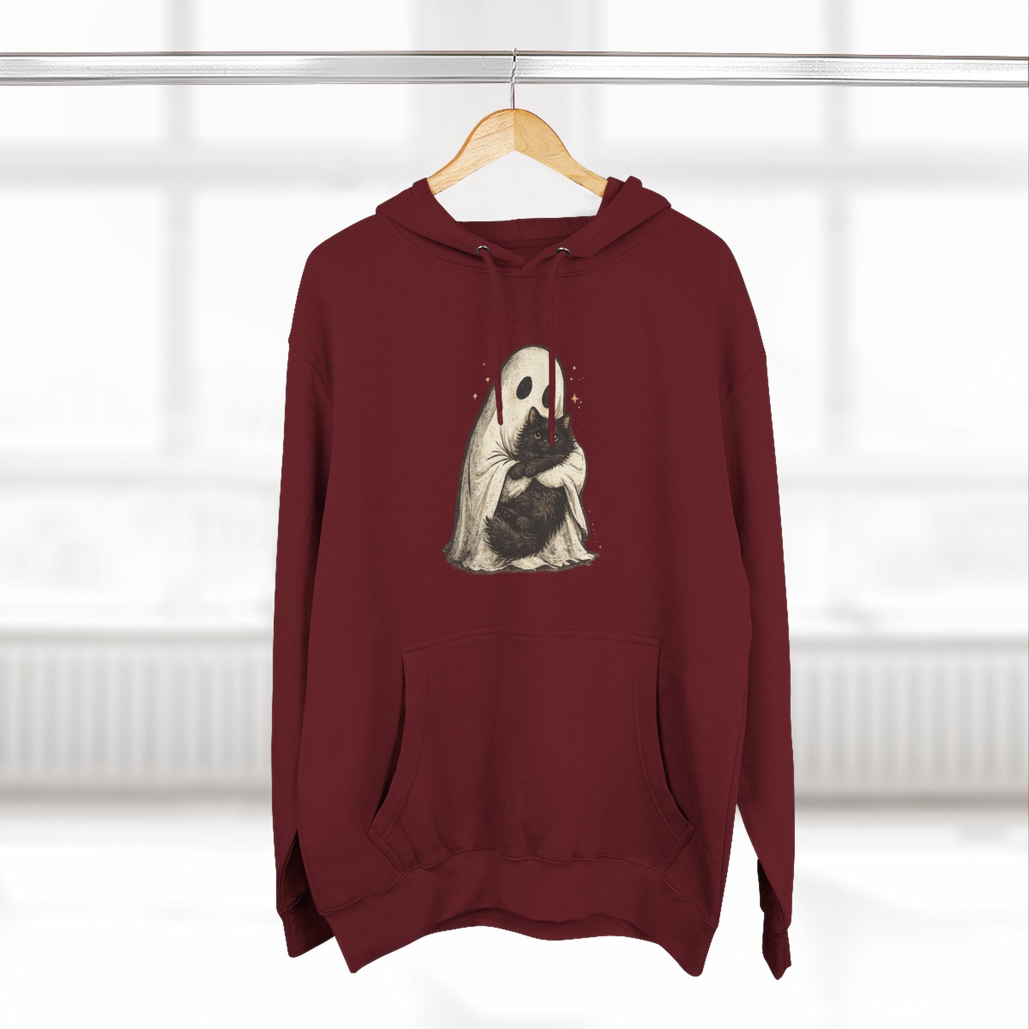 Ghost Hugging Black Cat Fleece Hoodie — Cute Ghost Hugging Black Cat Cozy Pullover