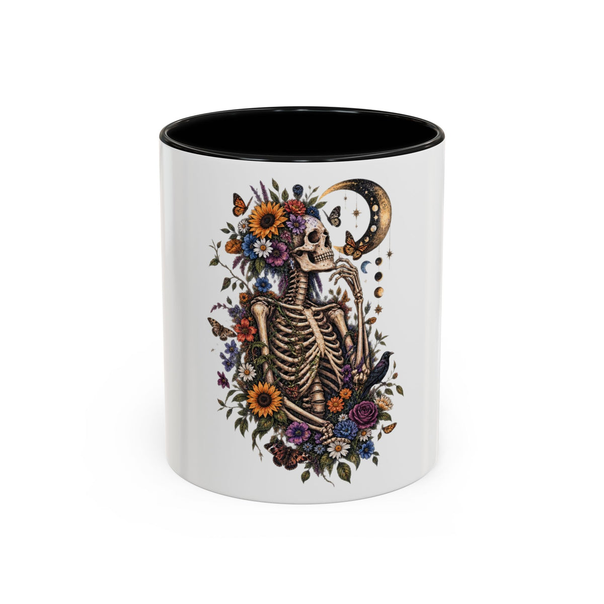 Skull & Moon Floral Coffee Mug — Gothic Botanical Accent Mug