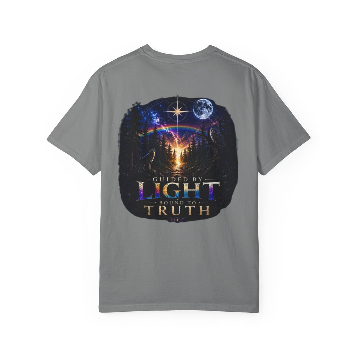 T-Shirt — "Guided by Light, Bound to Truth" Cosmic Forest Graphic