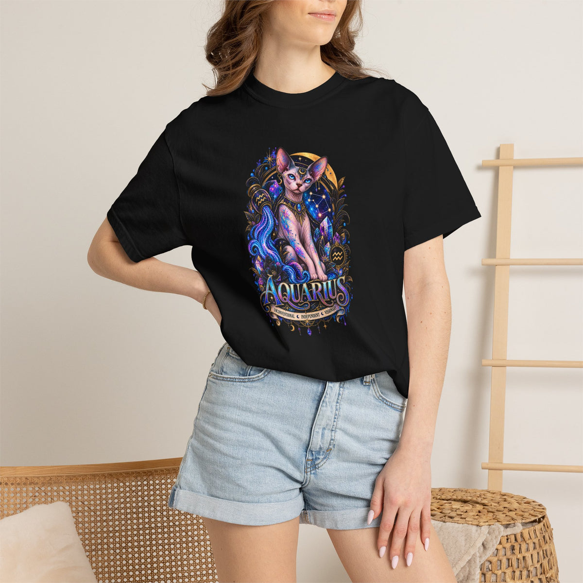 Aquarius Sphynx Cat Zodiac Tee- Celestial Astrology cat lover T-shirt