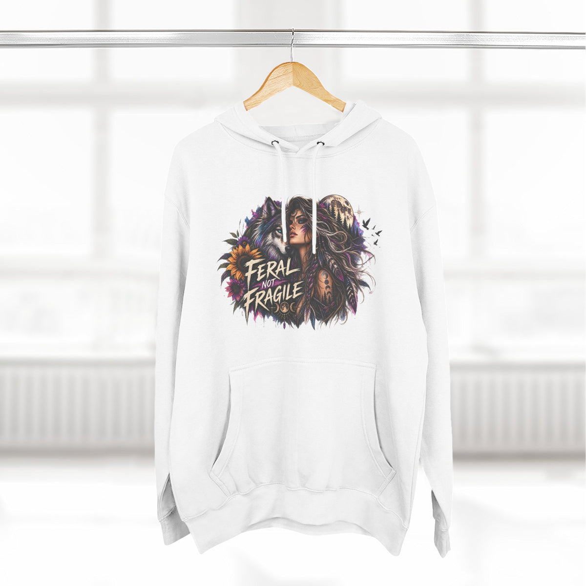 Feral Not Fragile Wolf & Woman Graphic Hoodie — Wildlife Fleece Pullover